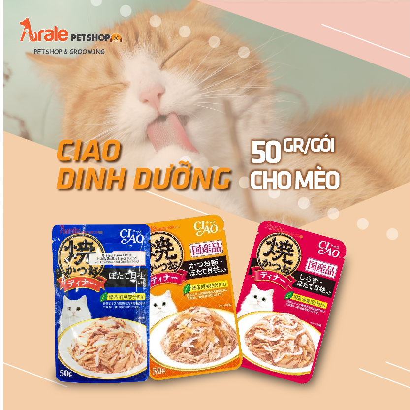 CIAO DINH DƯỠNG CHO MÈO GÓI 50GR   - Giá thành phải chăng, dung tích lớn hơn nên sử dụng cũng lâu hơn   - Sản phẩm cao cấp dạng súp kích thích vị giác cho mèo, giúp mèo dễ ăn, thành phần pate hoàn toàn tự nhiên như: cá ngừ, cá mồi và sò điệp tự nhiên, không chứa chất bảo quản, chất tạo màu.   👉Giá: 18.000 VND