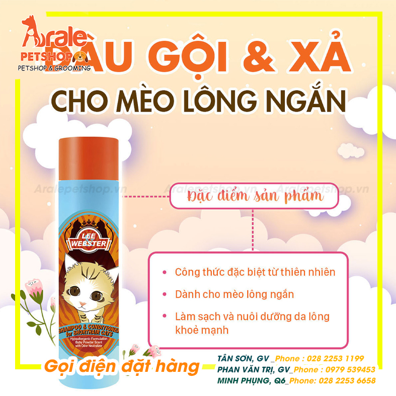 DẦU GỘI VÀ XẢ LEE WEBSTER CHO MÈO LÔNG NGẮN - 280Gr