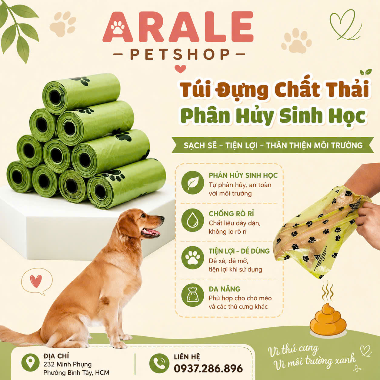 Túi Đựng Phân, Chất Thải Chó Mèo Phân Hủy Sinh Học