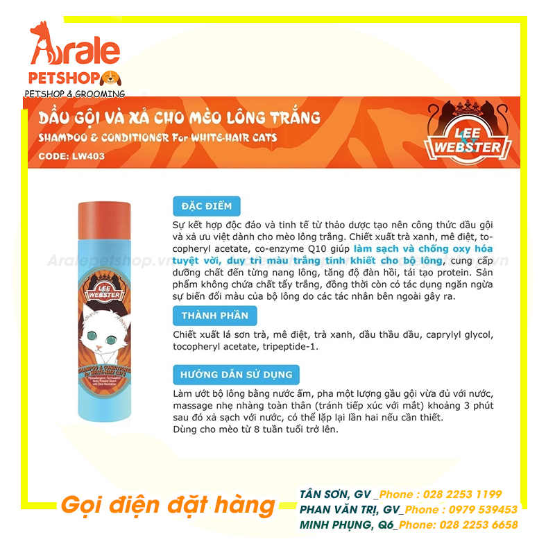 DẦU GỘI VÀ XẢ LEE WEBSTER CHO MÈO LÔNG TRẮNG - 280GR