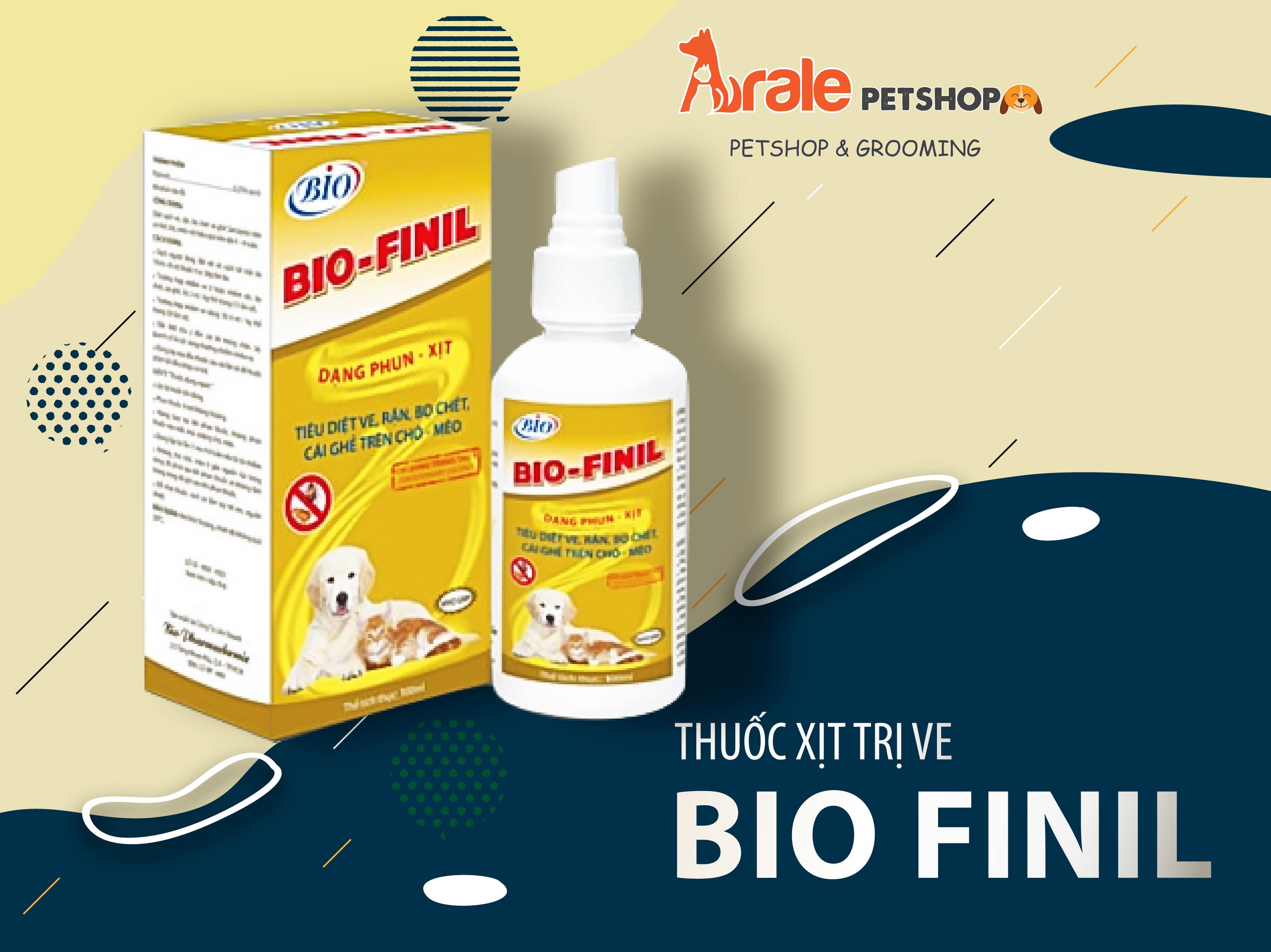 THUỐC XỊT TRỊ VE BIO-FINIL giúp diệt ve, rận, bọ chét và ghẻ trên cơ thể chó mèo với hiệu quả kéo dài từ 4-6 tuần