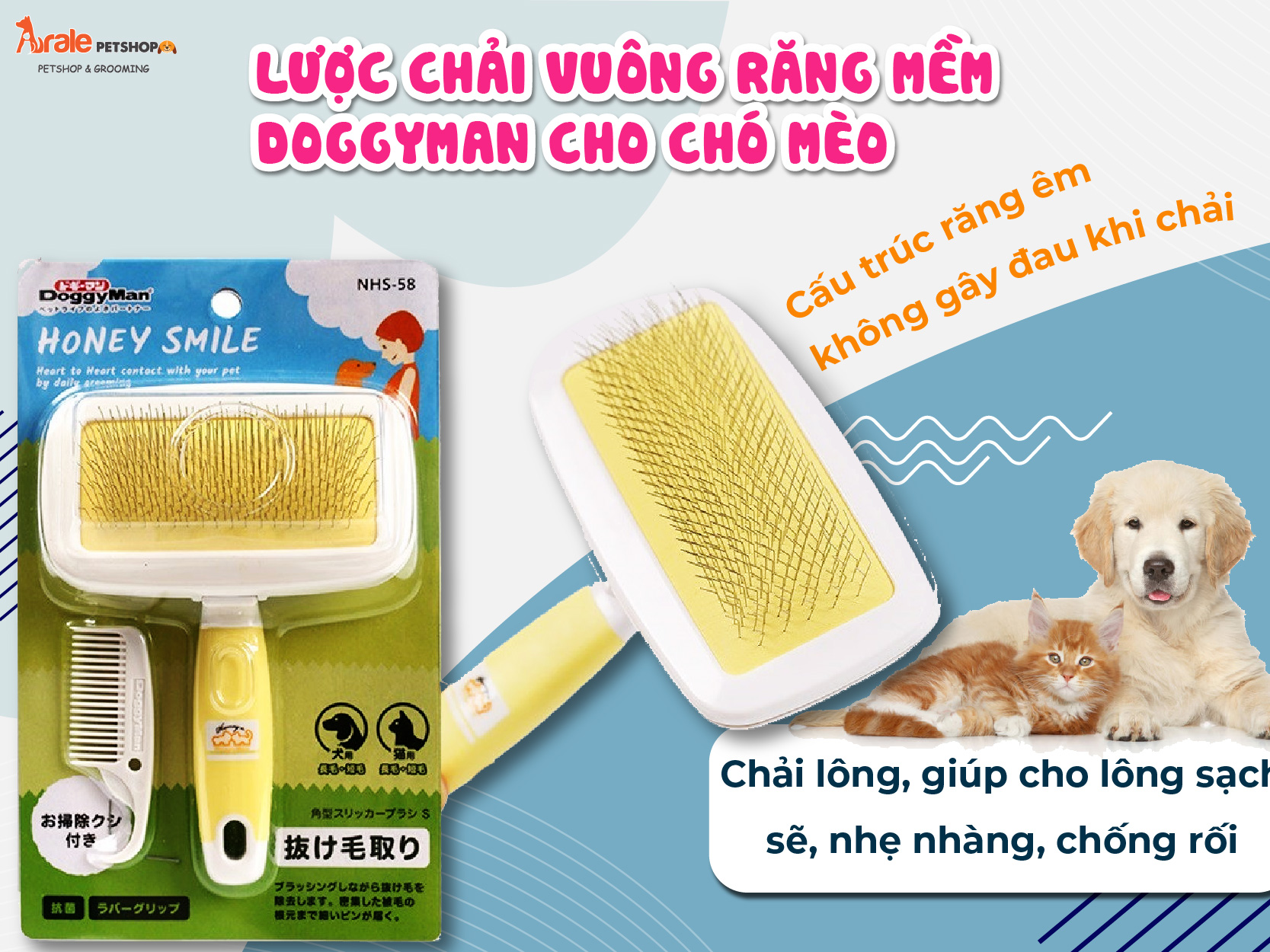 LƯỢC CHẢI VUÔNG RĂNG MỀM DOGGYMAN CHO CHÓ MÈO