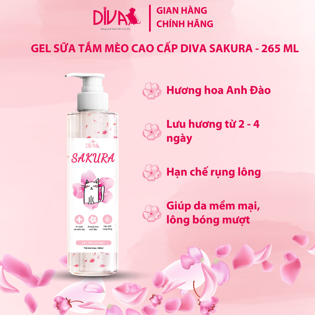 SỮA TẮM DIVA SAKURA COLLAGEN HƯƠNG ANH ĐÀO CHO MÈO 265ML