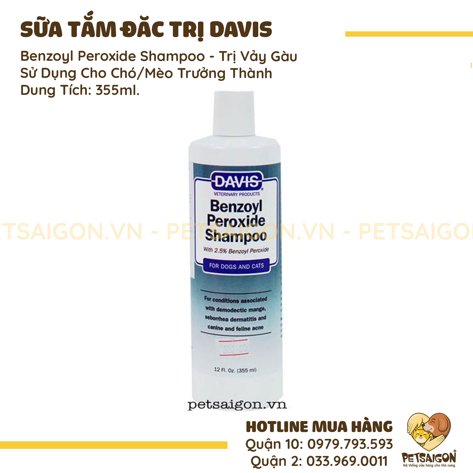 Sữa Tắm Cho Chó Mèo Davis Benzoyl Peroxide Trị Viêm Da Demodex