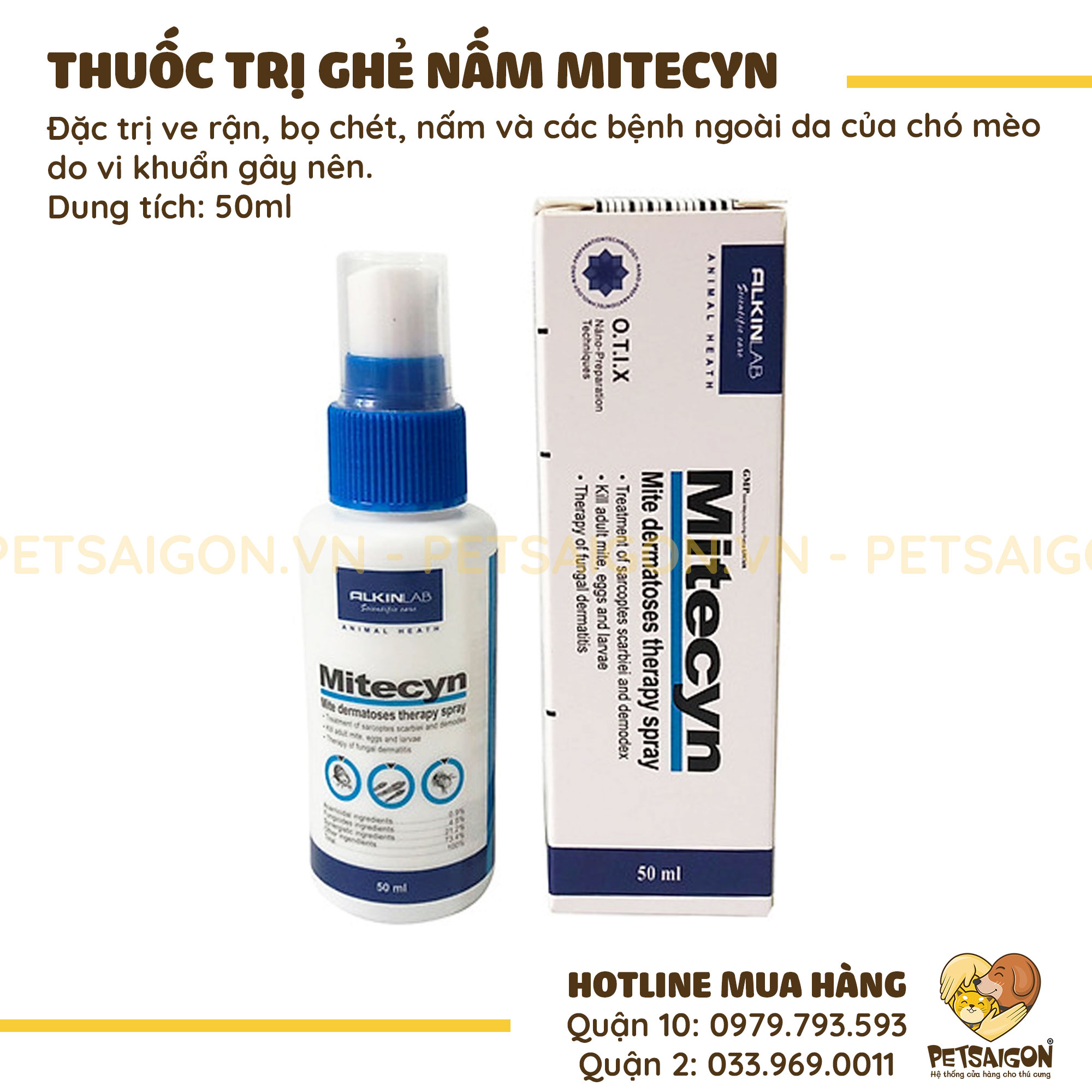 Thuốc Xịt Trị Ghẻ Nấm, Ve Rận, Bọ Chét Cho Chó Mèo Mitecyn