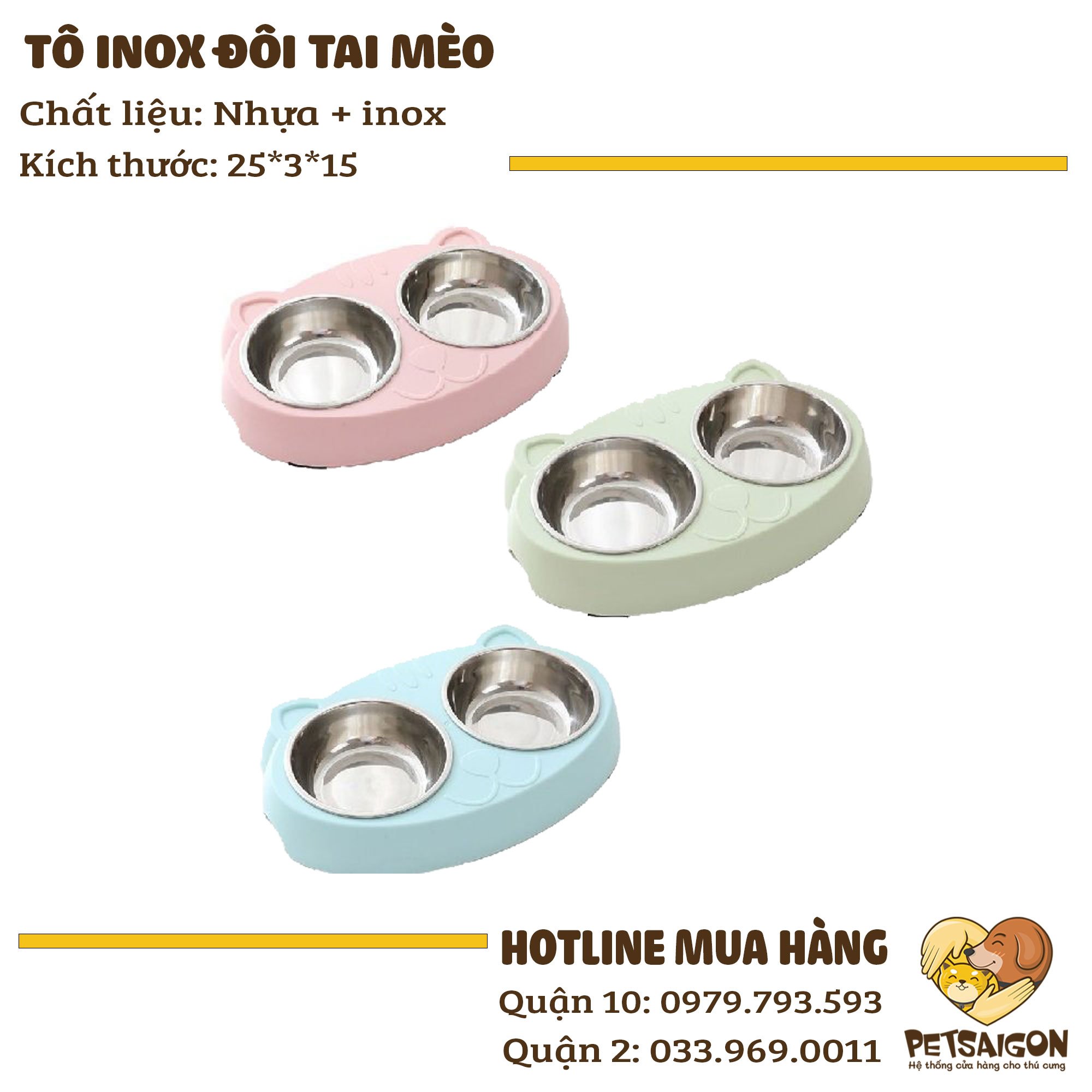 Tô Ăn Cho Chó Mèo Dạng Đôi Inox Tai Mèo