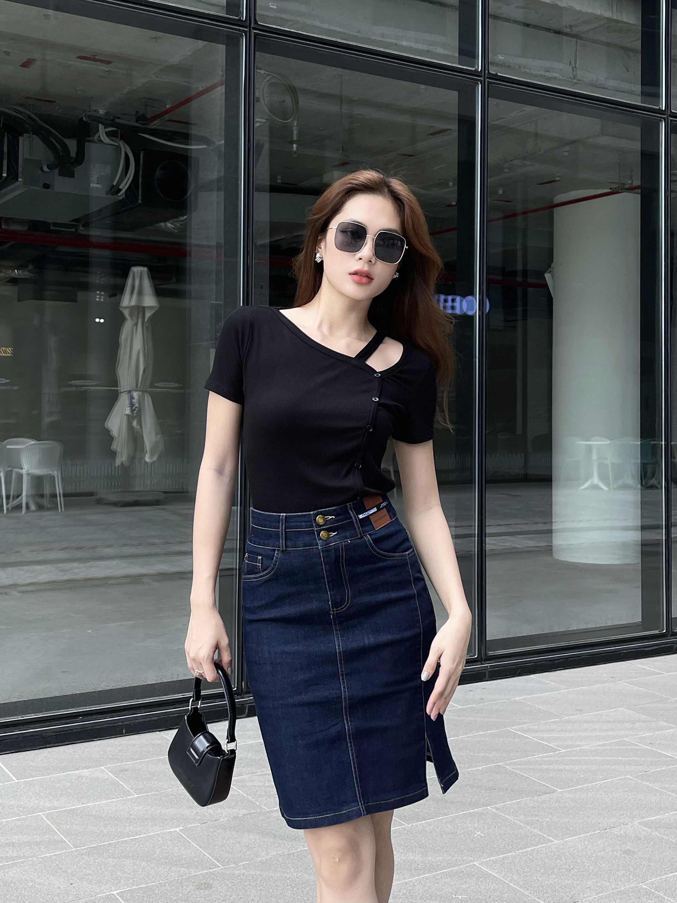 Chân váy Jean denim Thiết kế Midi dài Xẻ tà Lưng cao - Oreka.vn