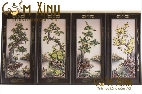 Mẫu tranh tứ quý Bát Tràng "Tùng-Cúc-Trúc-Mai" đắp nổi và hướng dẫn cách treo tranh gốm sứ.