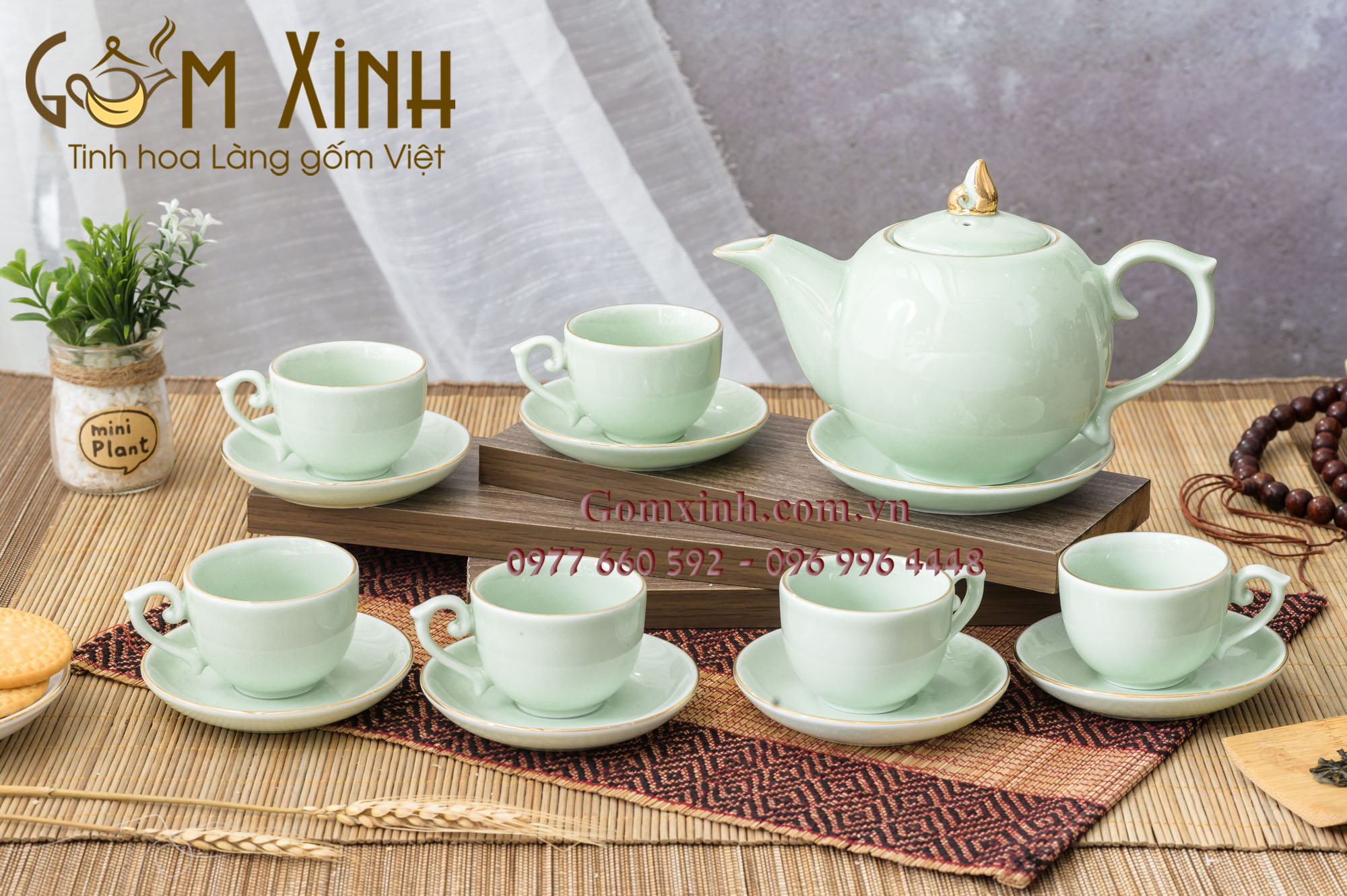 Bộ trà Chóp lửa cỡ S3 men xanh ngọc viền vàng kim