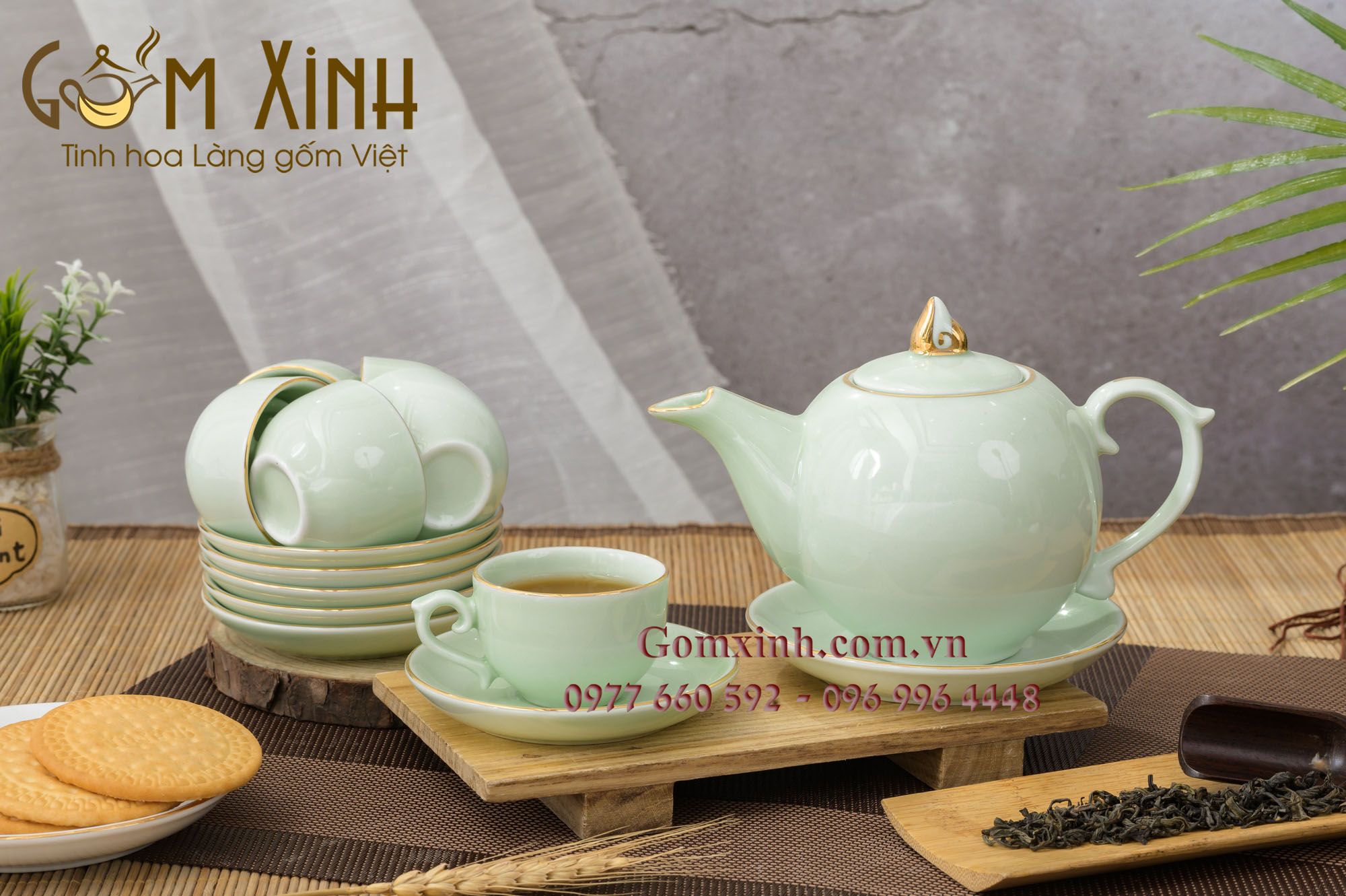 Bộ trà Chóp lửa cỡ S3 men xanh ngọc viền vàng kim