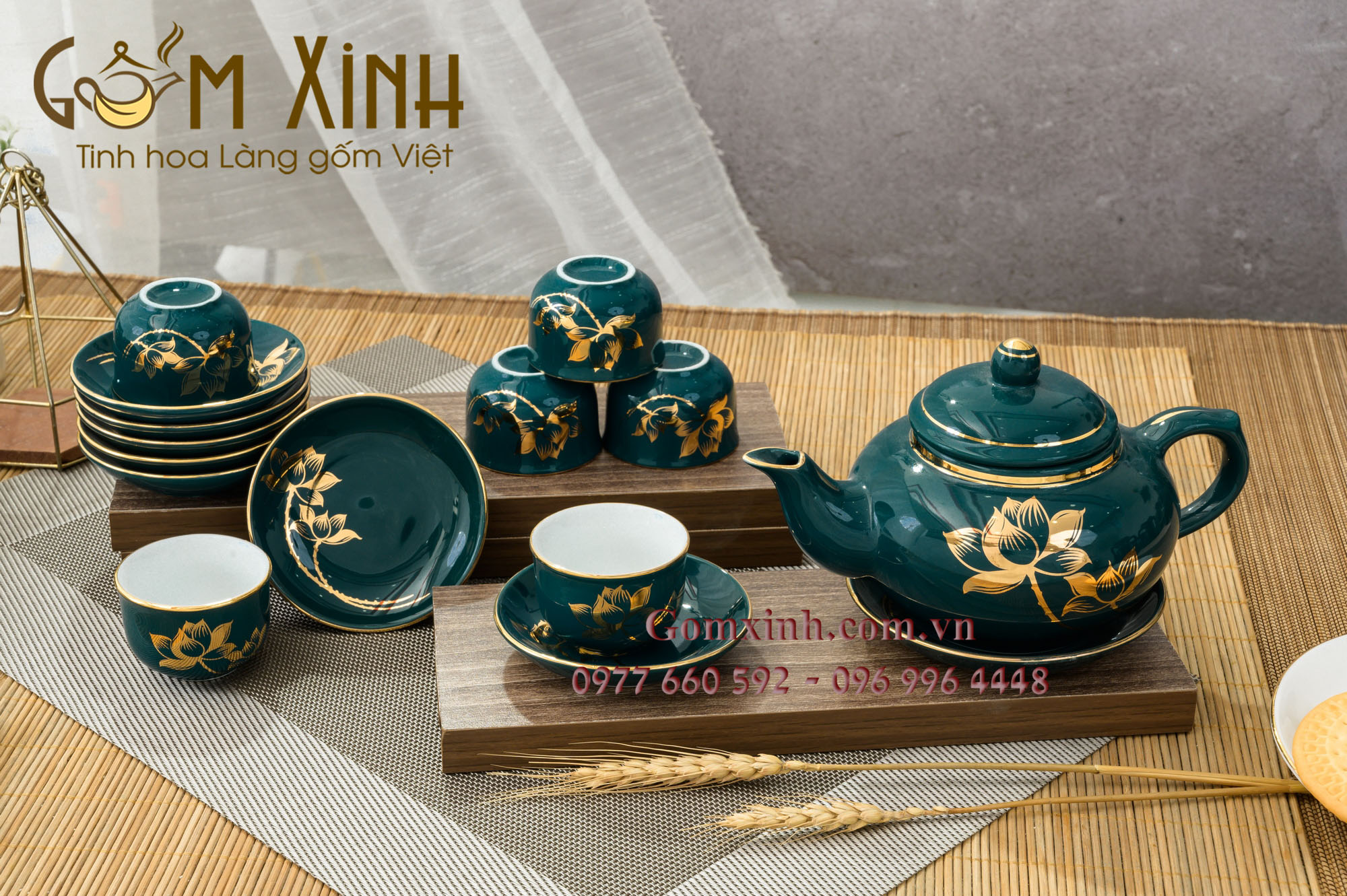 Bộ Chuông hoa sen xanh cửu long vàng kim