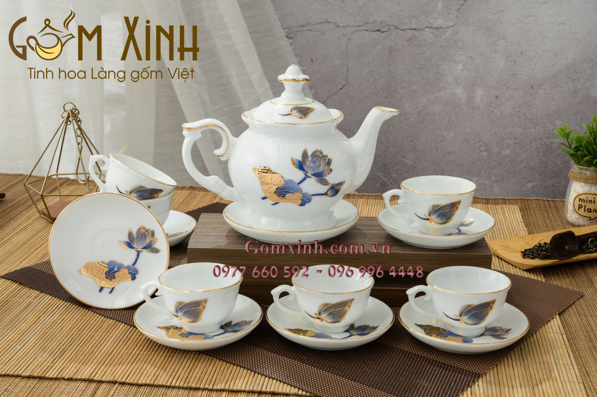 Bộ bình trà Phú Quý sen xanh vàng kim