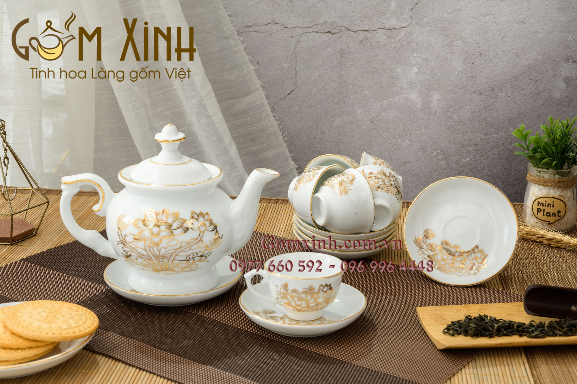 Bộ bình trà Phú Quý sen đại vàng kim