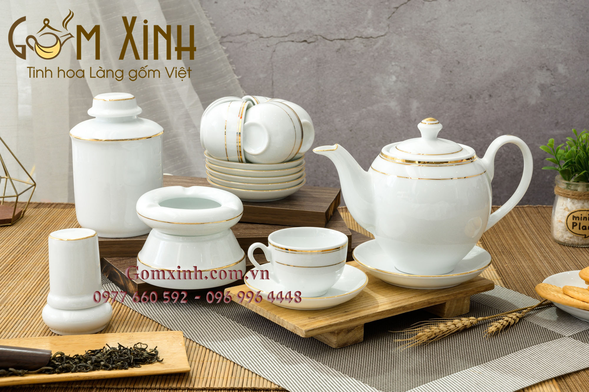 Bộ trà Minh Long viền vàng kim kèm phụ kiện