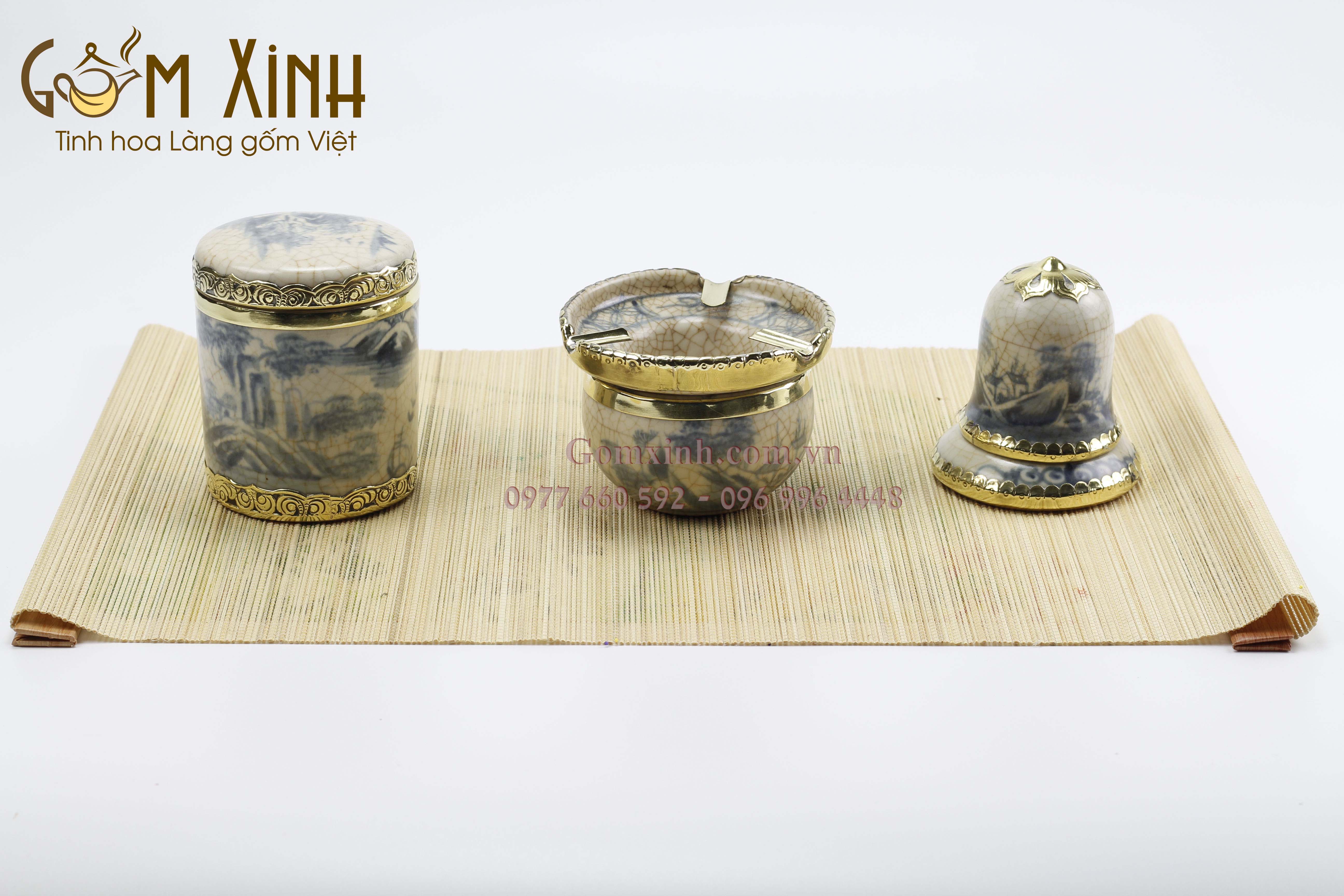 Phụ kiện ấm chén men rạn bọc đồng hộp chè tròn