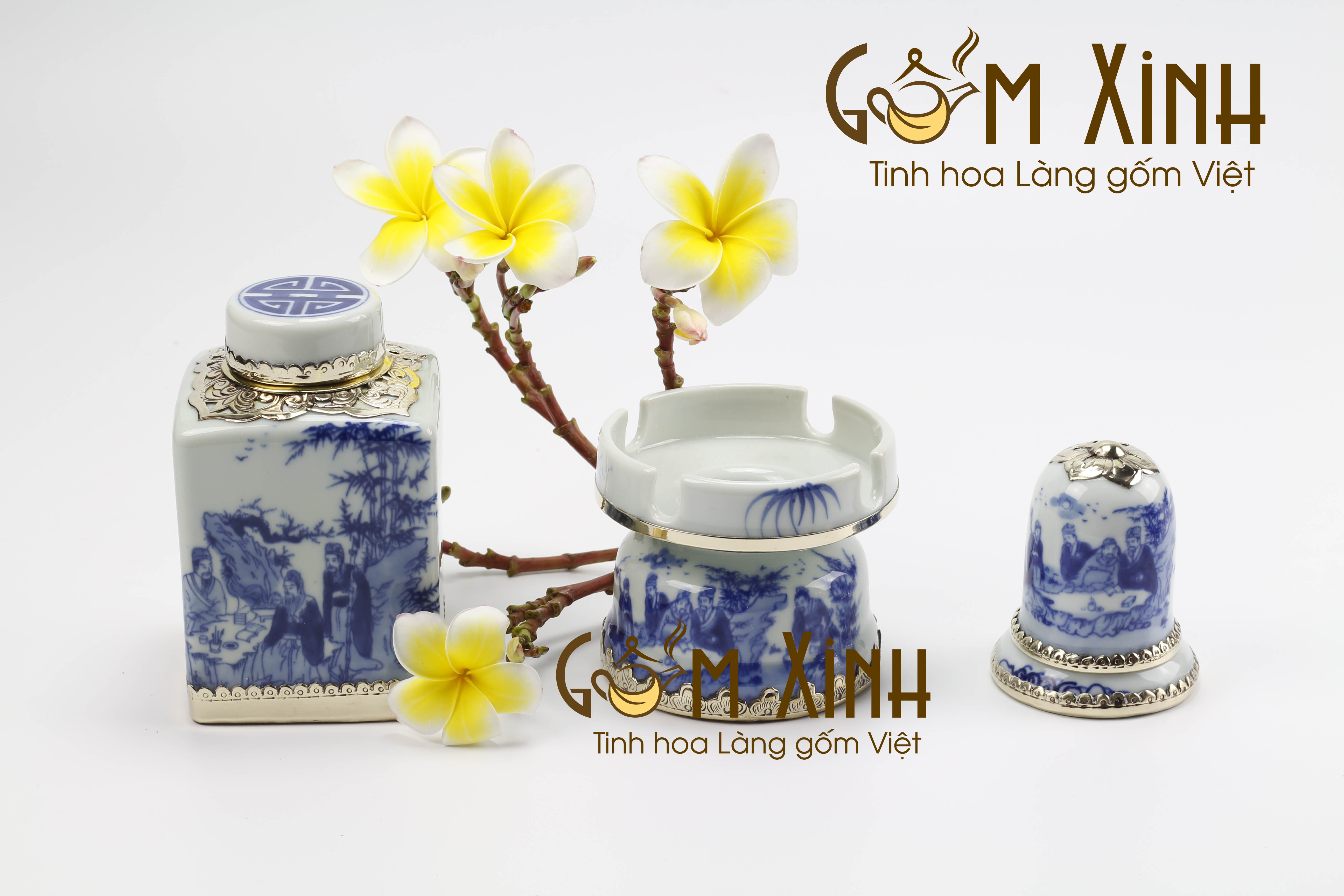 Phụ kiện ấm chén men lam bọc đồng