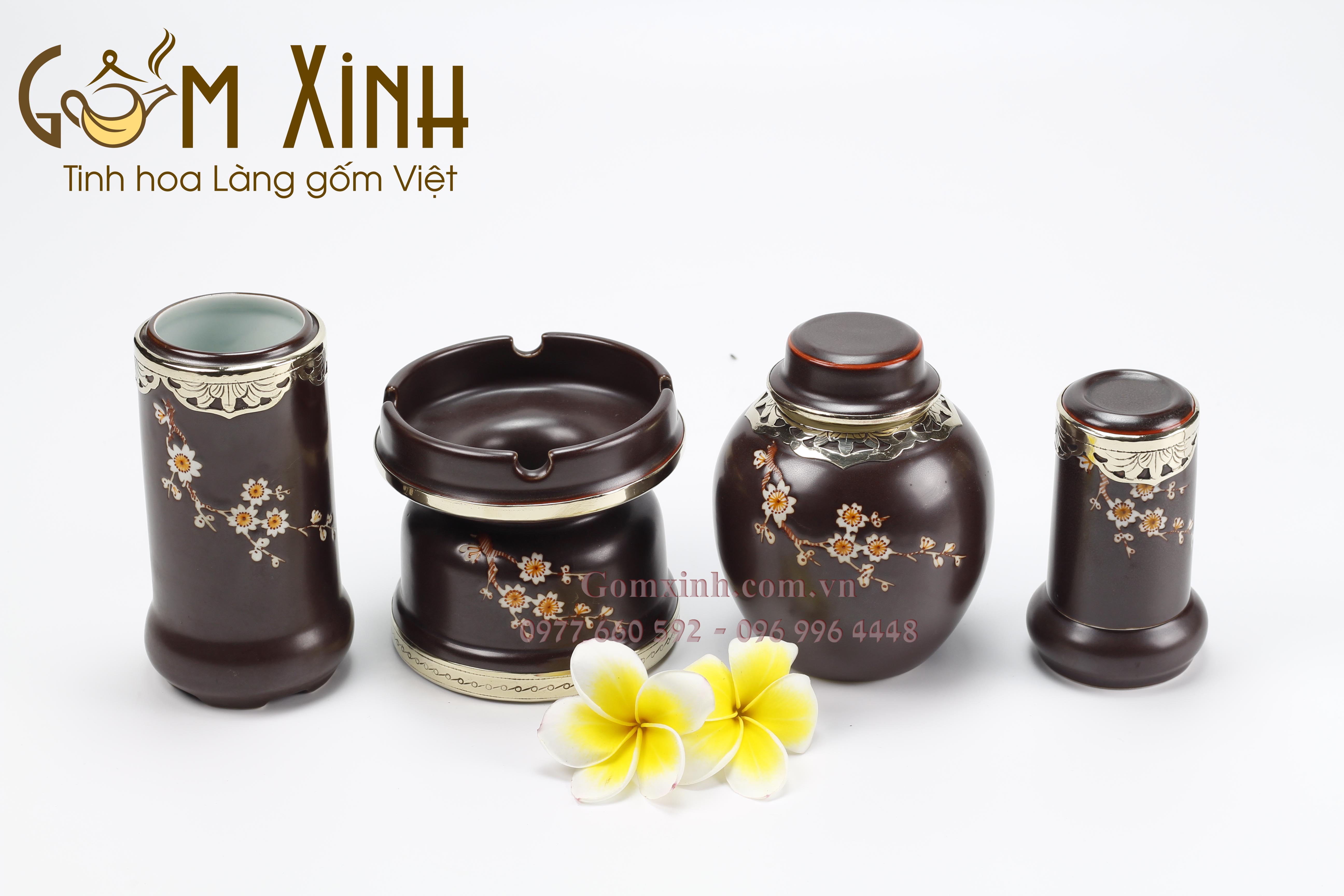 Phụ kiện ấm chén men nâu bọc đồng