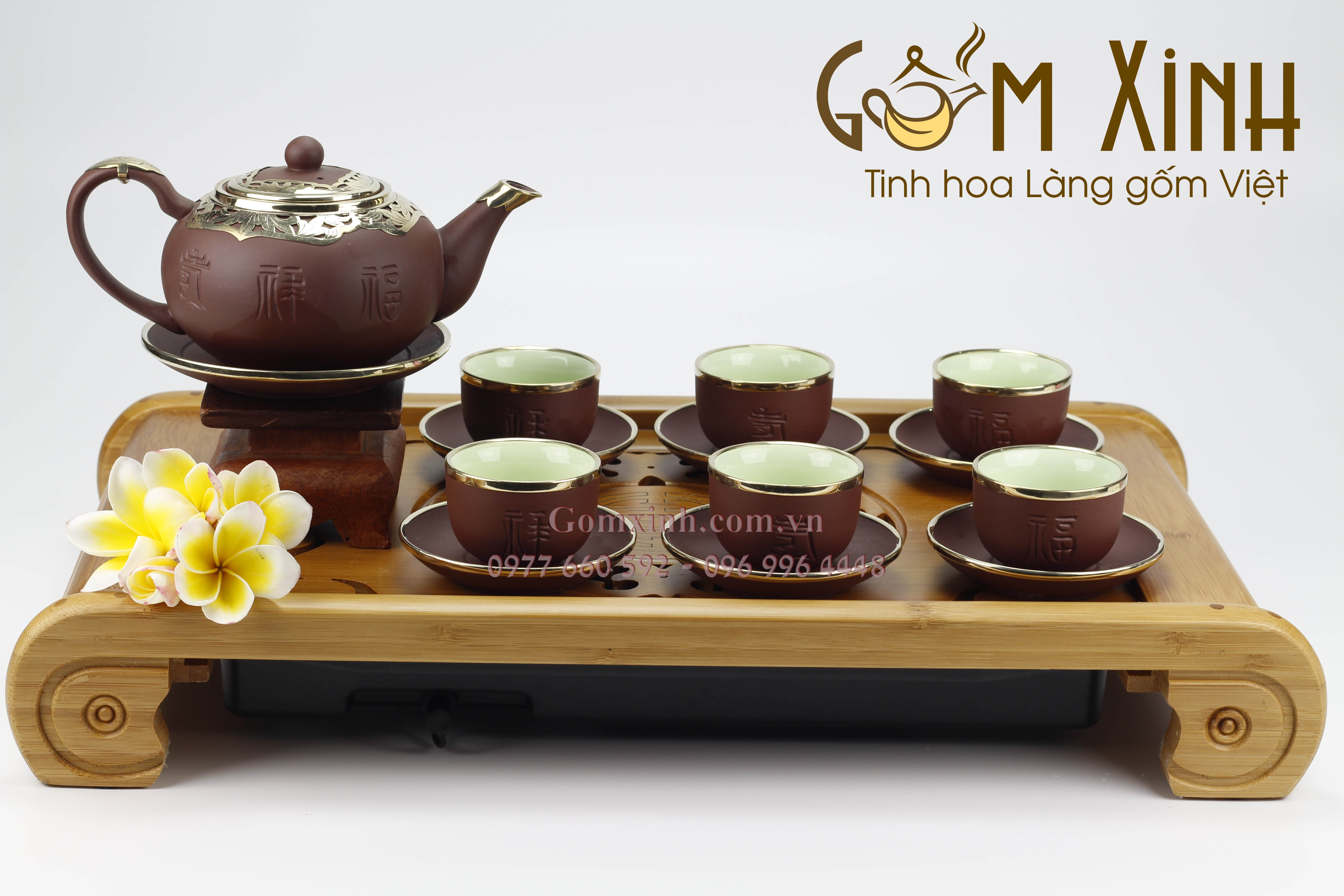 Bộ  trà tử sa Tống Phúc Lộc Thọ đỏ bọc đồng (Hàng Nghệ Nhân)