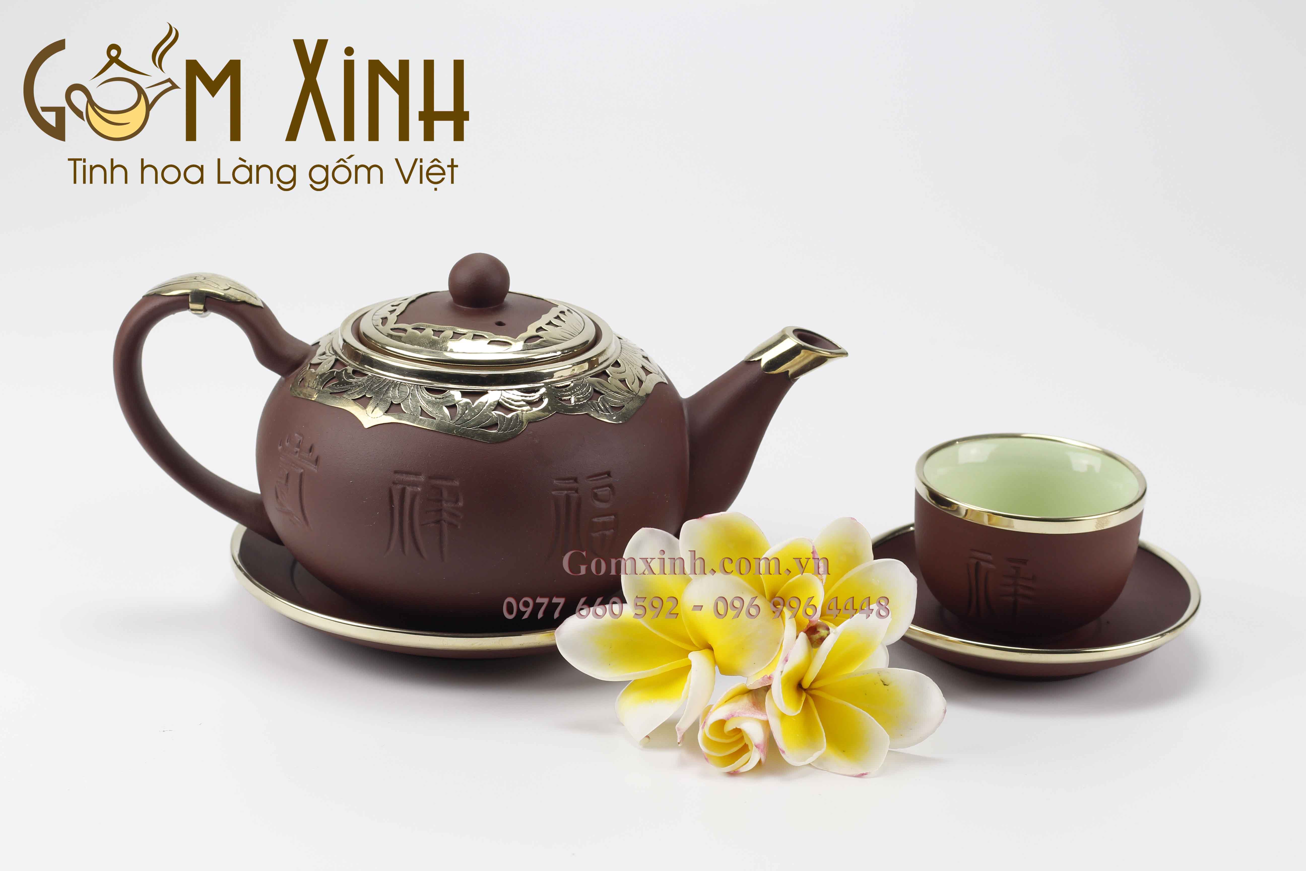 Bộ  trà tử sa Tống Phúc Lộc Thọ đỏ bọc đồng (Hàng Nghệ Nhân)