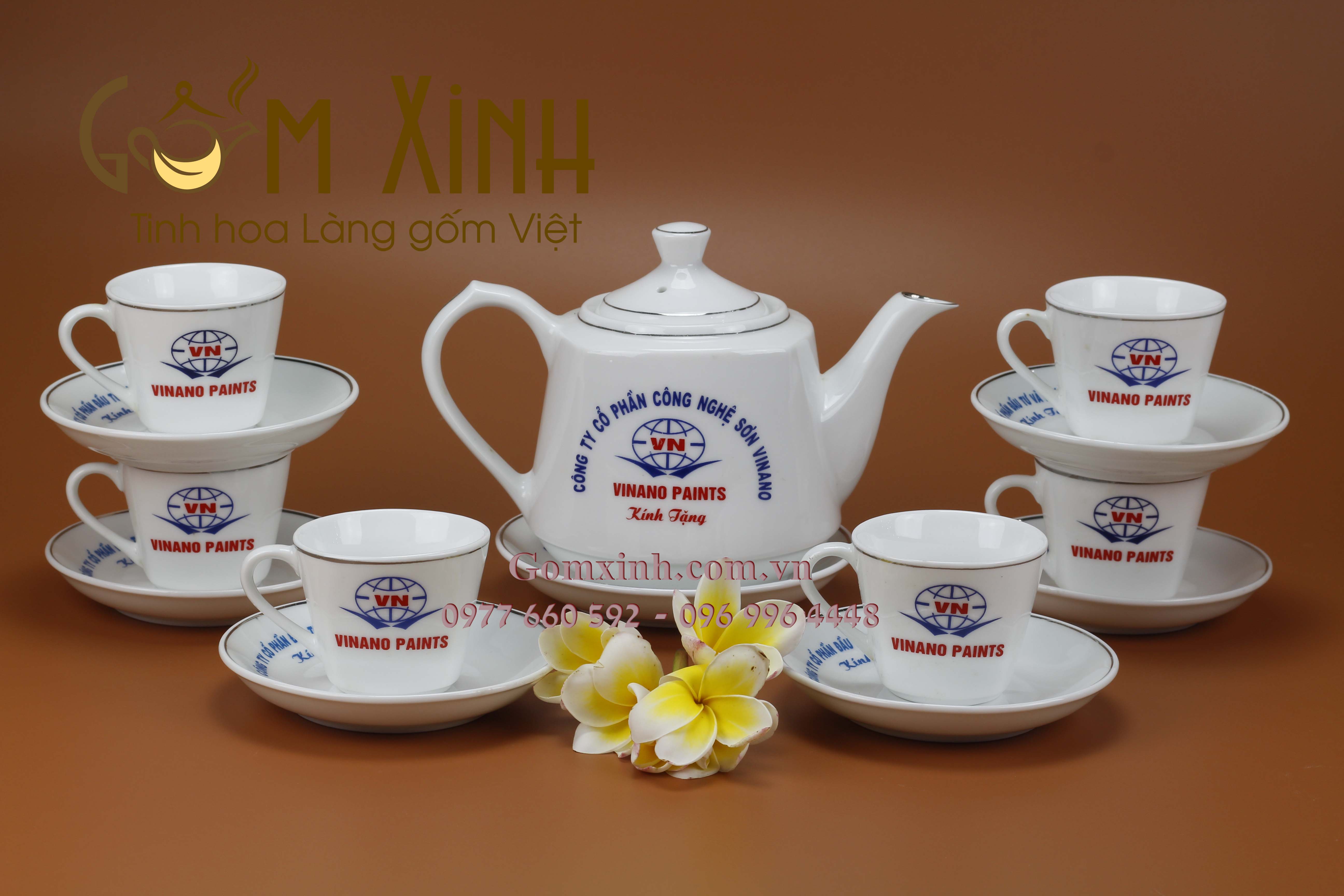 bộ ấm chén sứ trắng in logo tại hà nội