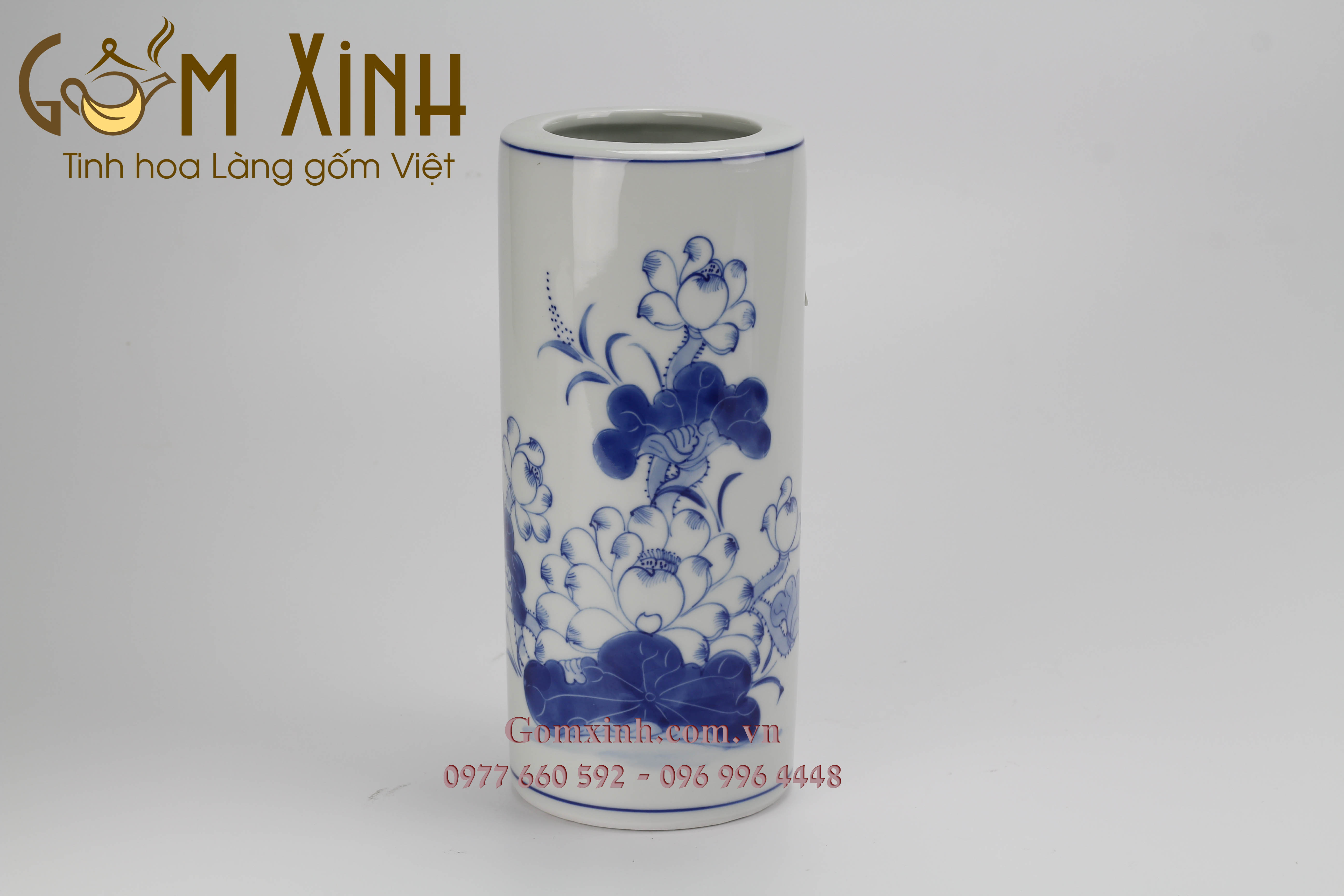 Ống hương men lam vẽ hoa sen cỡ S3 (cao 17.5cm)