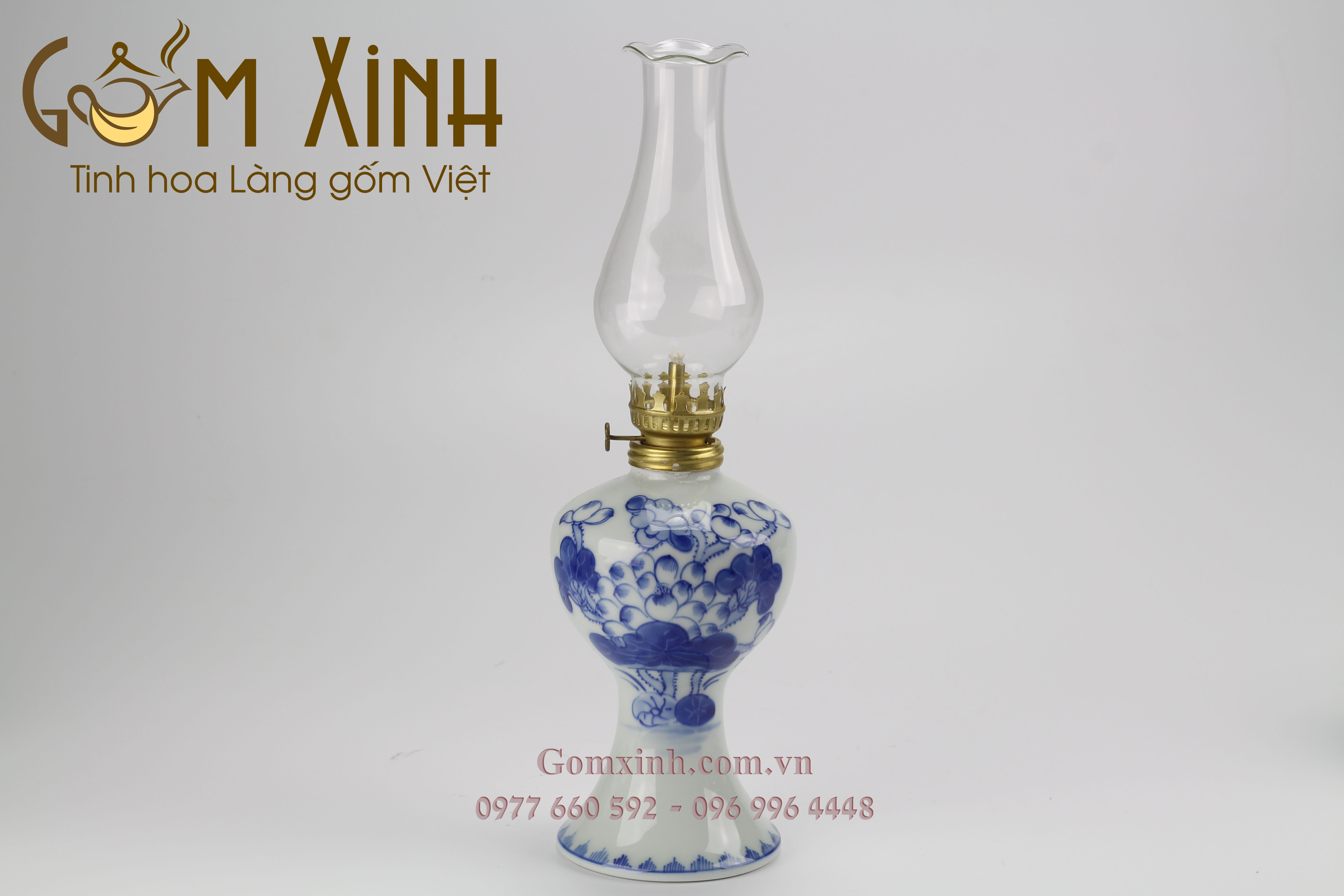 Đèn thờ men lam vẽ hoa sen cỡ S2 (cao 17cm)