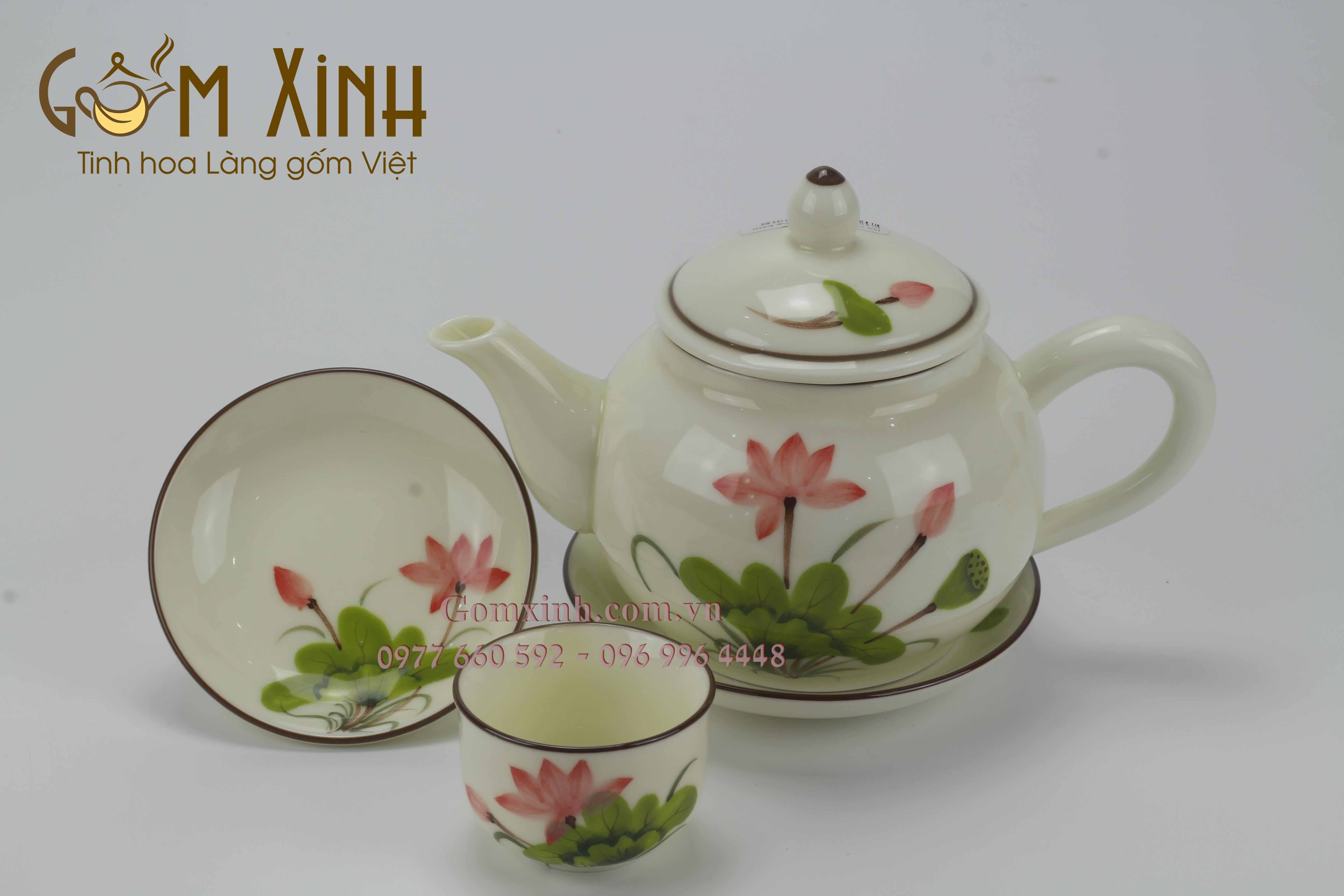 Bộ trà dáng Hồng men kem vẽ hoa sen