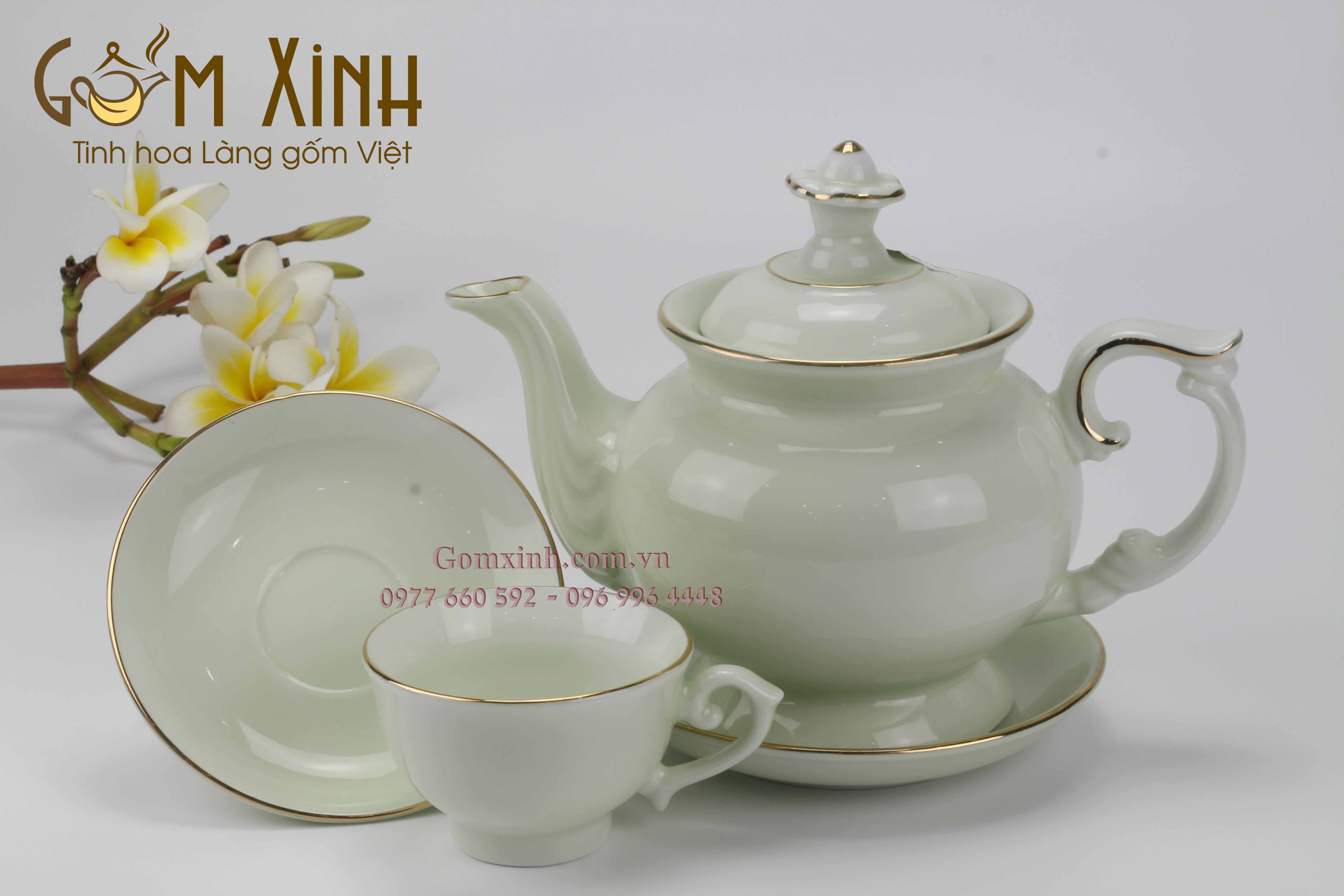 Bộ trà Phú Quý men xanh ngọc S1 (cỡ lớn) vàng kim