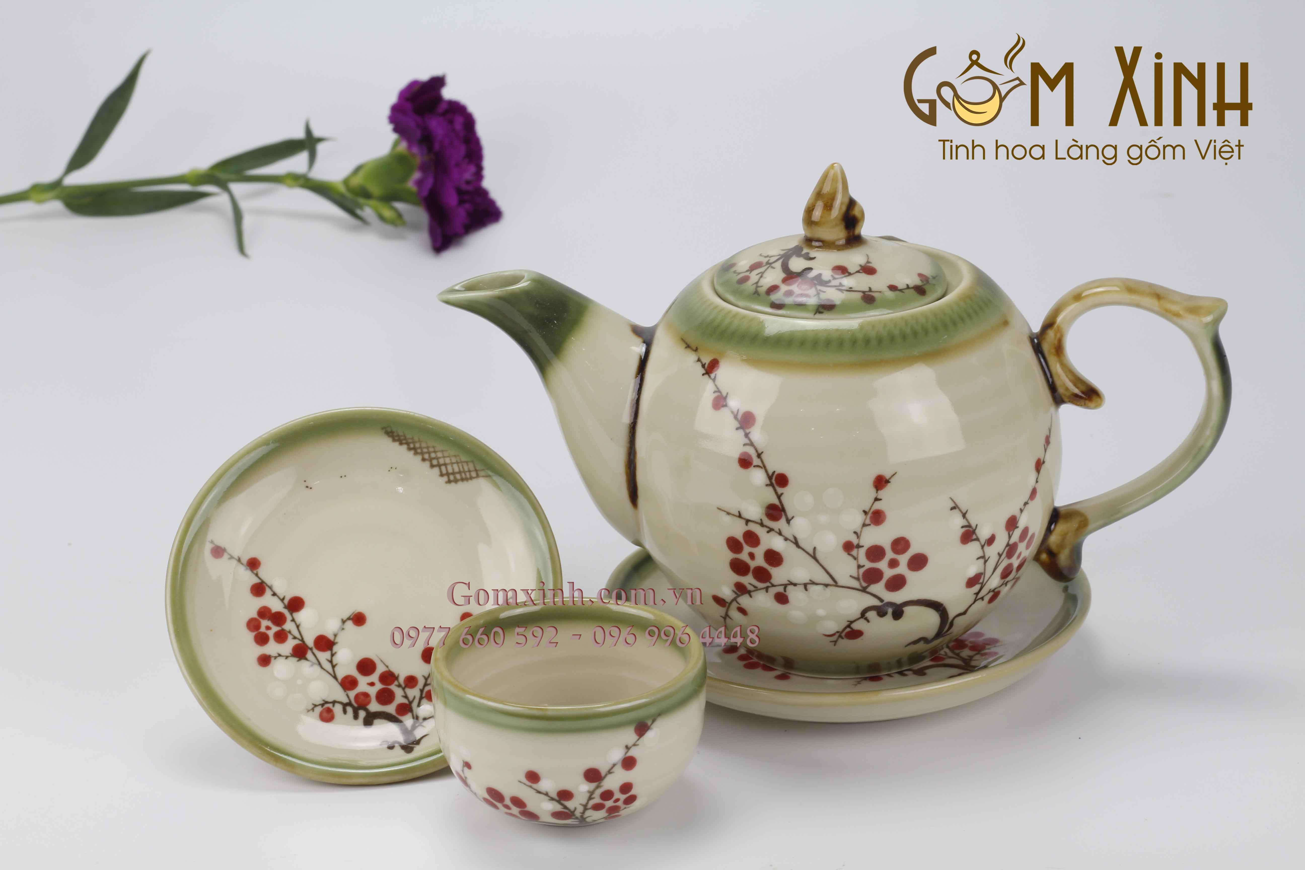 Bộ trà chóp lửa vẽ hoa đào kèm phụ kiện