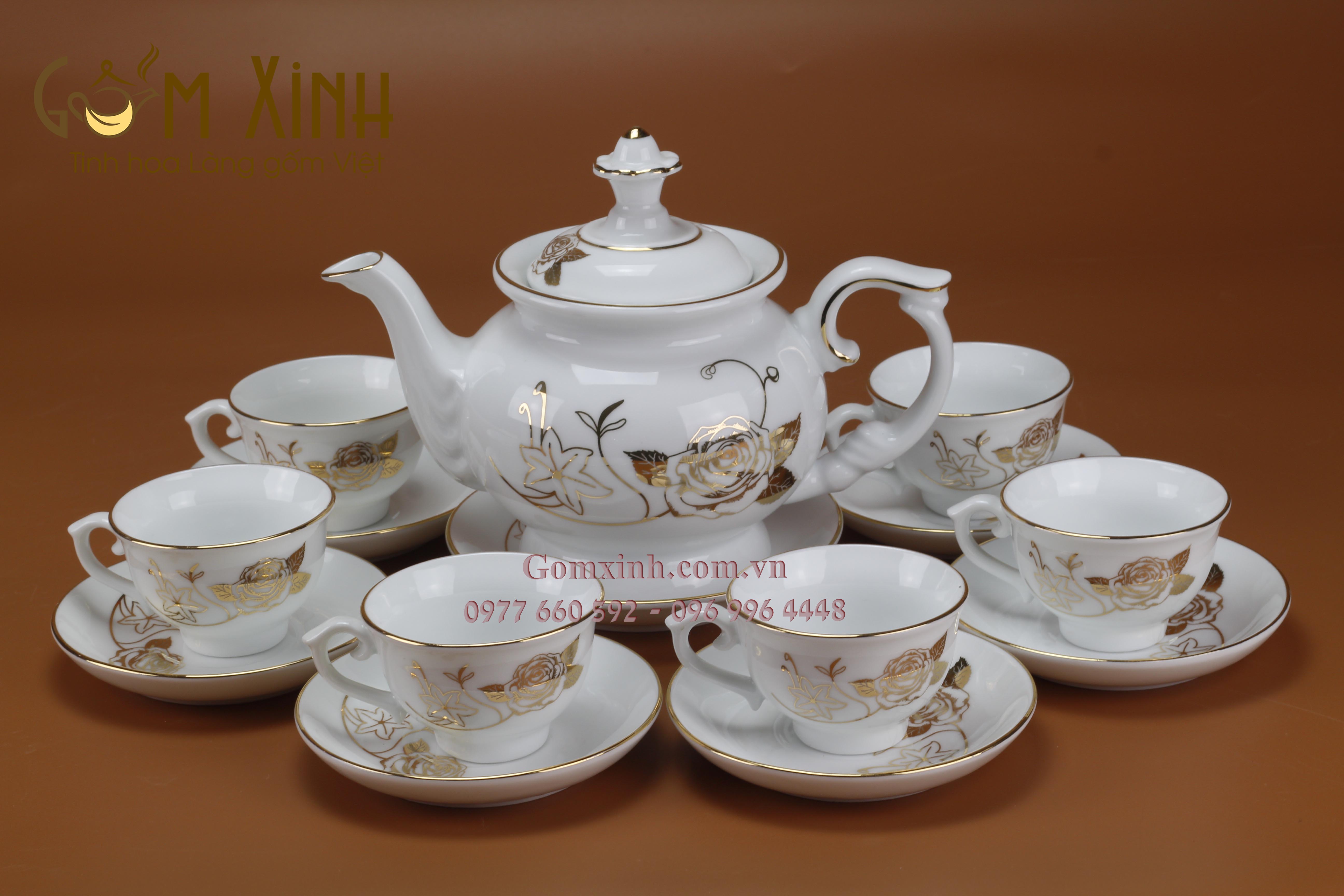Bộ trà phú quý hoa hồng viền vàng kim