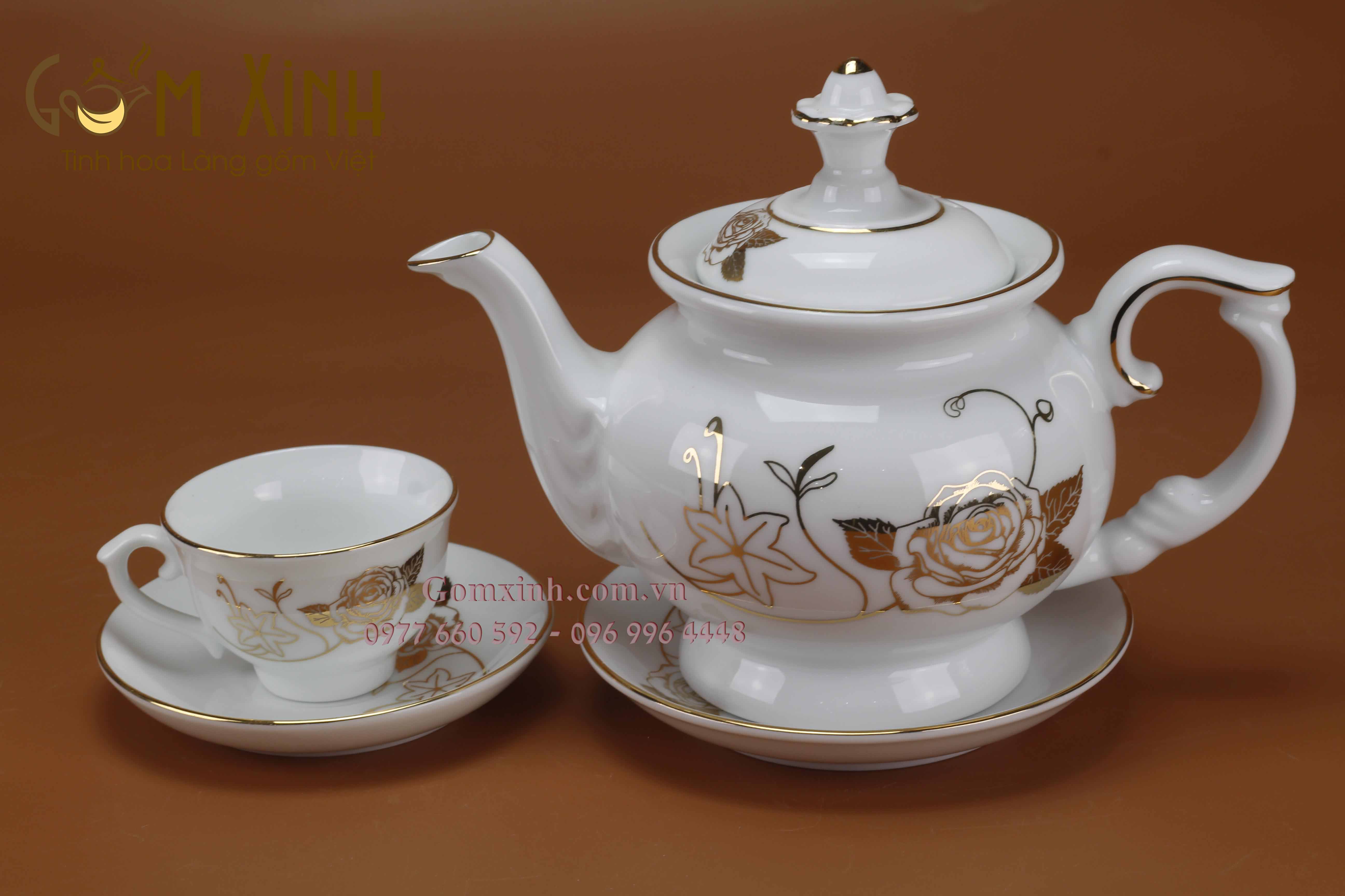 Bộ trà phú quý hoa hồng viền vàng kim