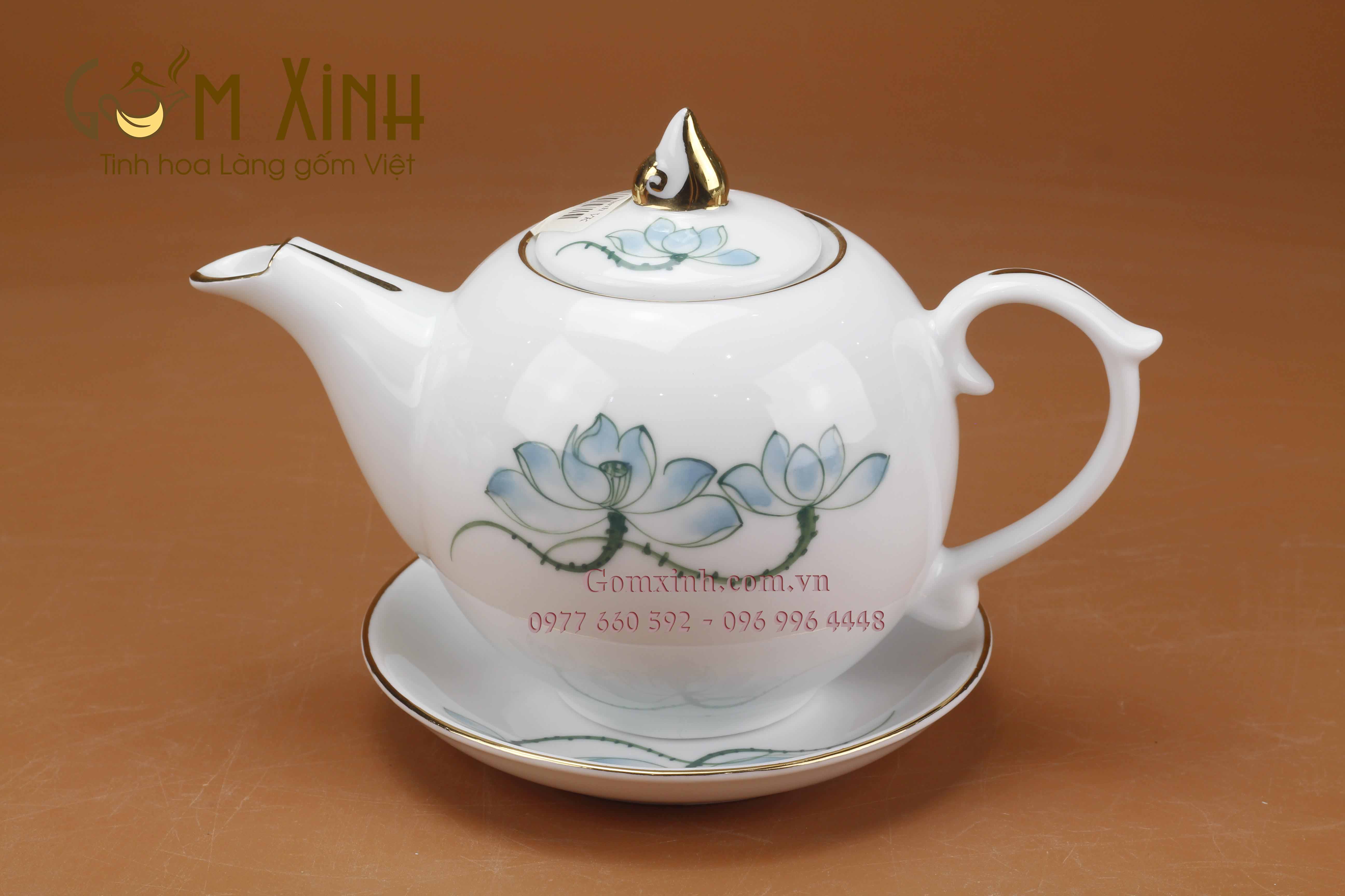Bộ Chóp lửa vẽ hoa sen viền vàng kim khay lá