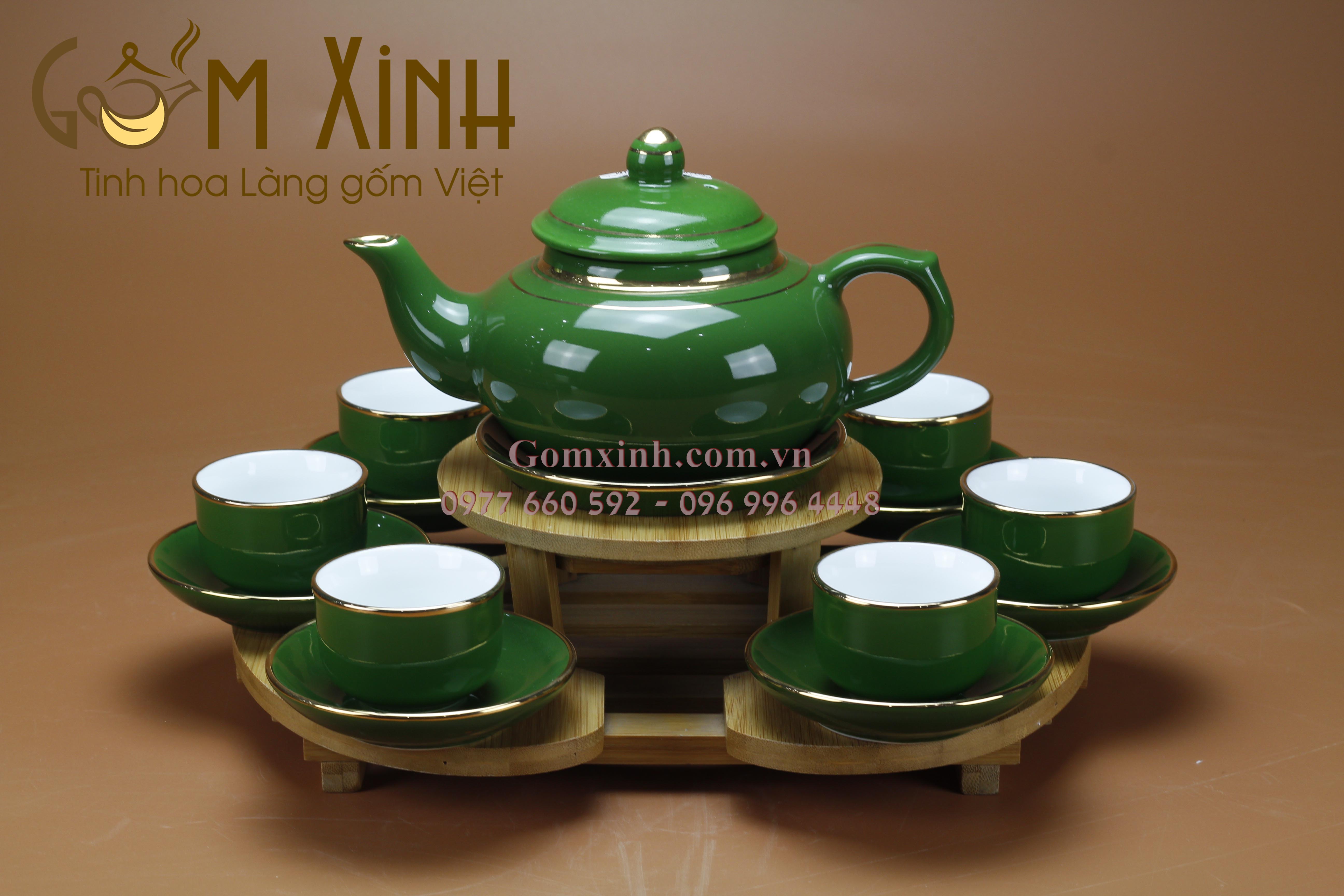 Bộ trà dáng Chuông men Ngọc Lục Bảo vàng kim