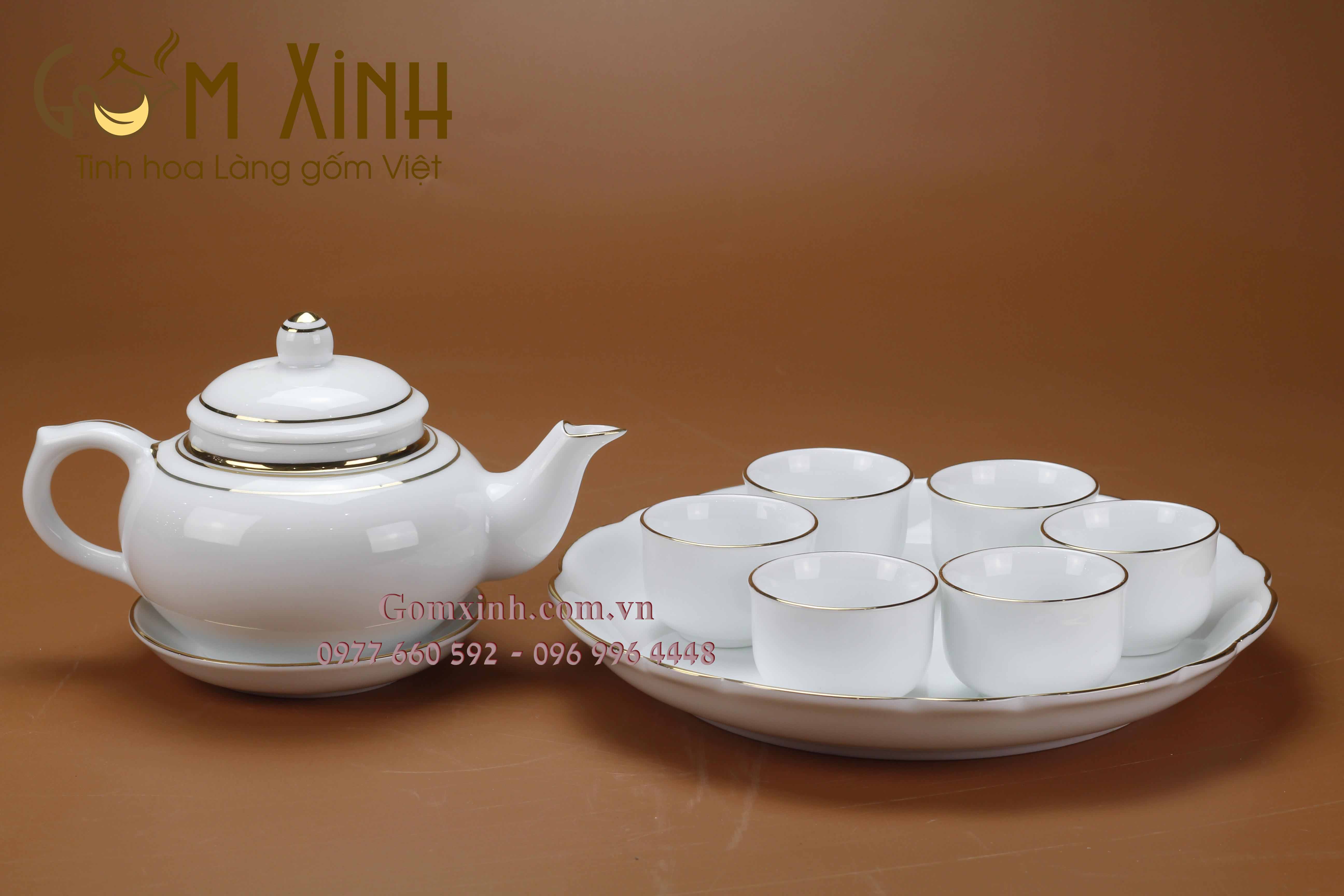 Bộ trà dáng Chuông viền vàng kim kèm khay & phụ kiện