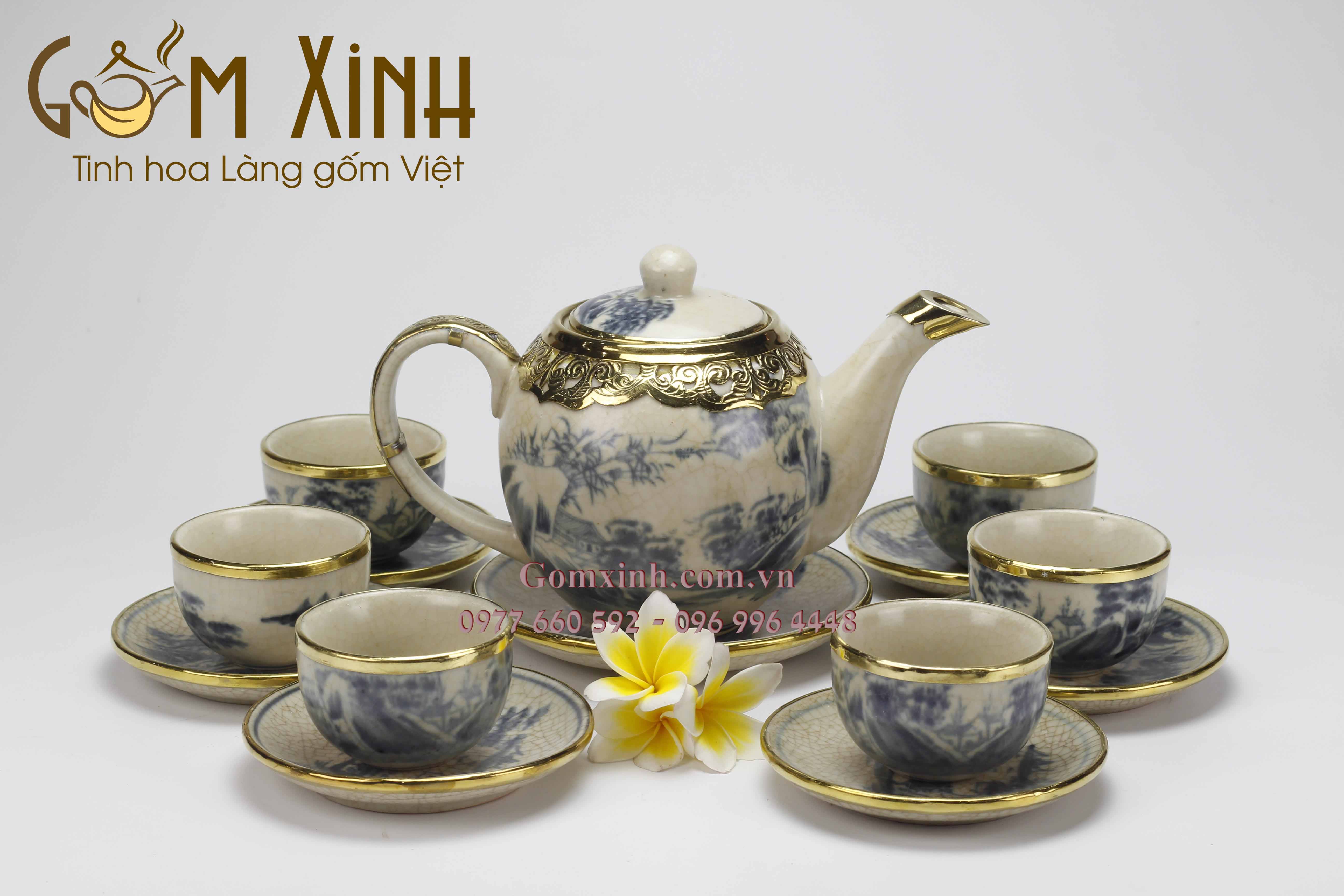 Bộ Minh Long men rạn giả cổ bọc đồng