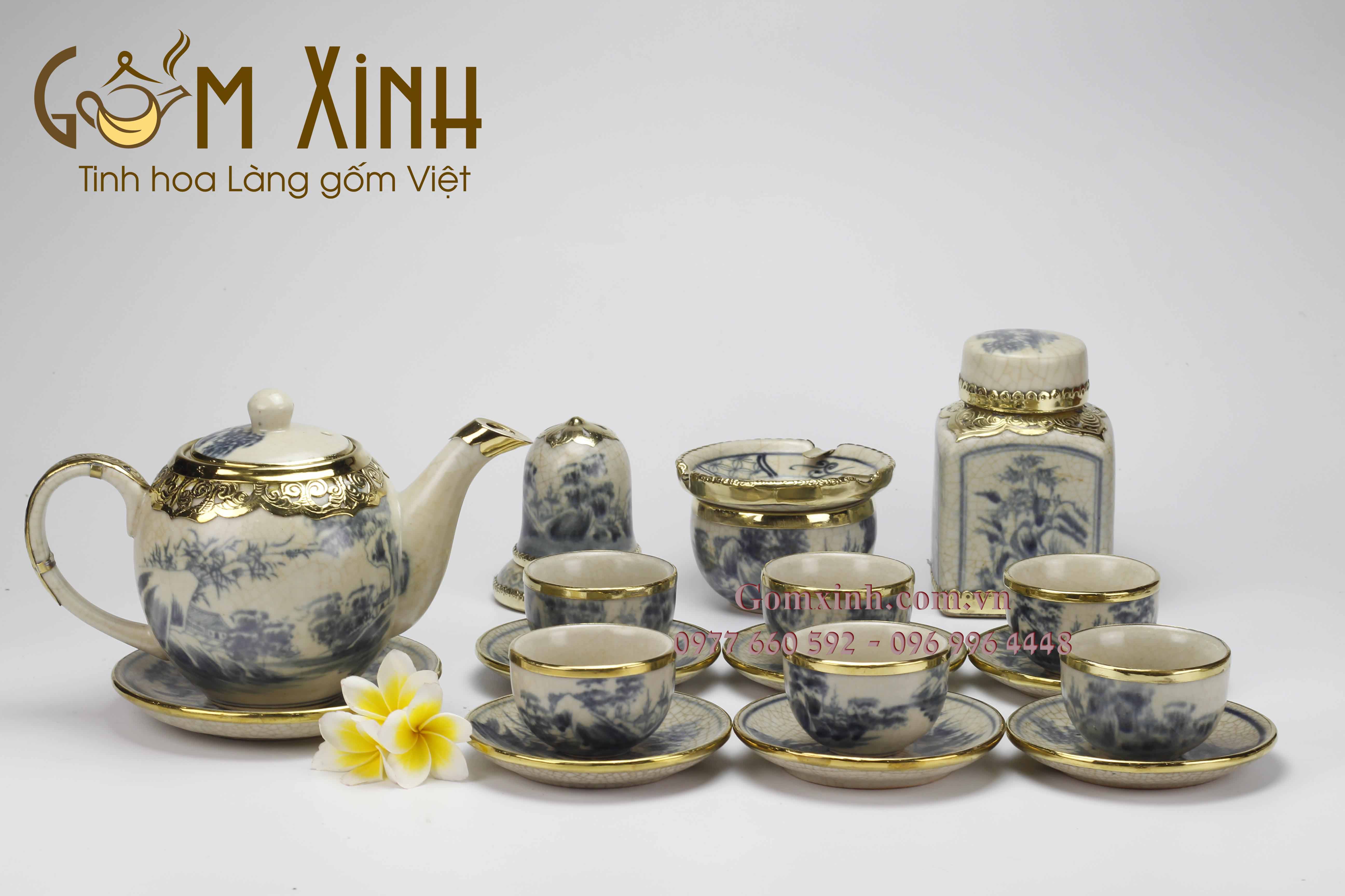 Bộ Minh Long men rạn giả cổ bọc đồng kèm phụ kiện