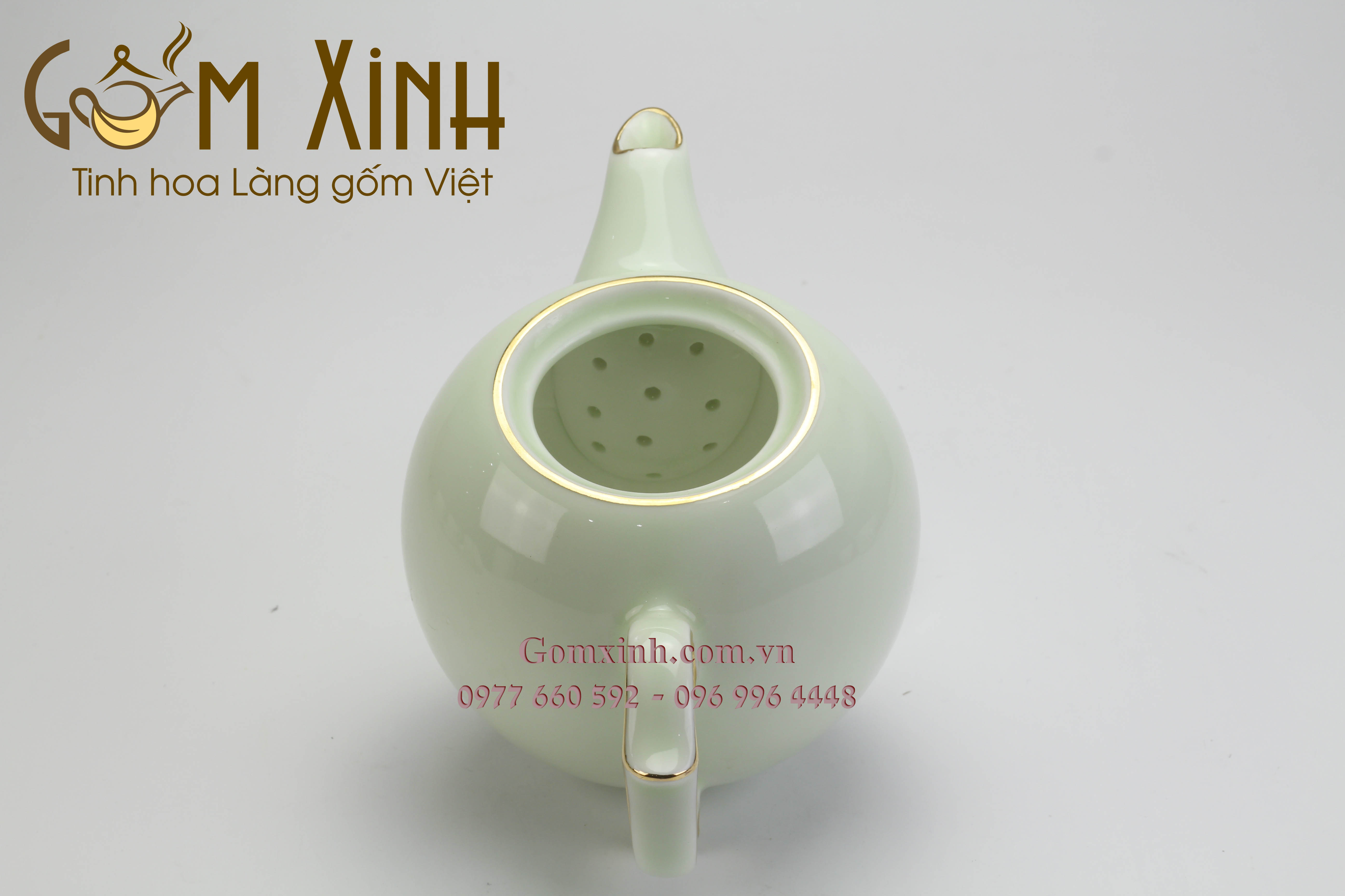 Bộ trà Chóp lửa cỡ S3 men xanh ngọc viền vàng kim