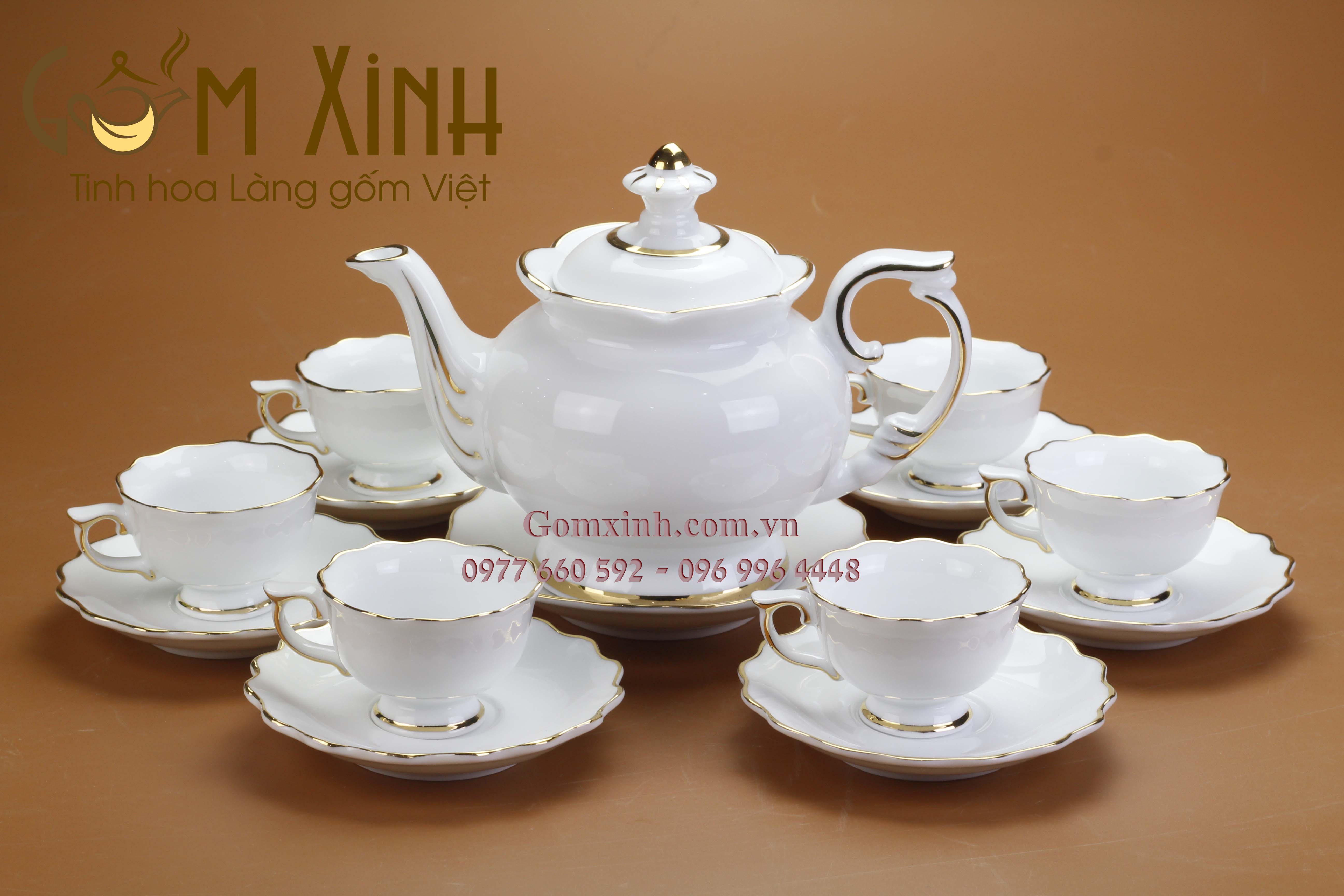 Bộ trà sứ Phú Quý miệng lượn vàng kim cỡ lớn