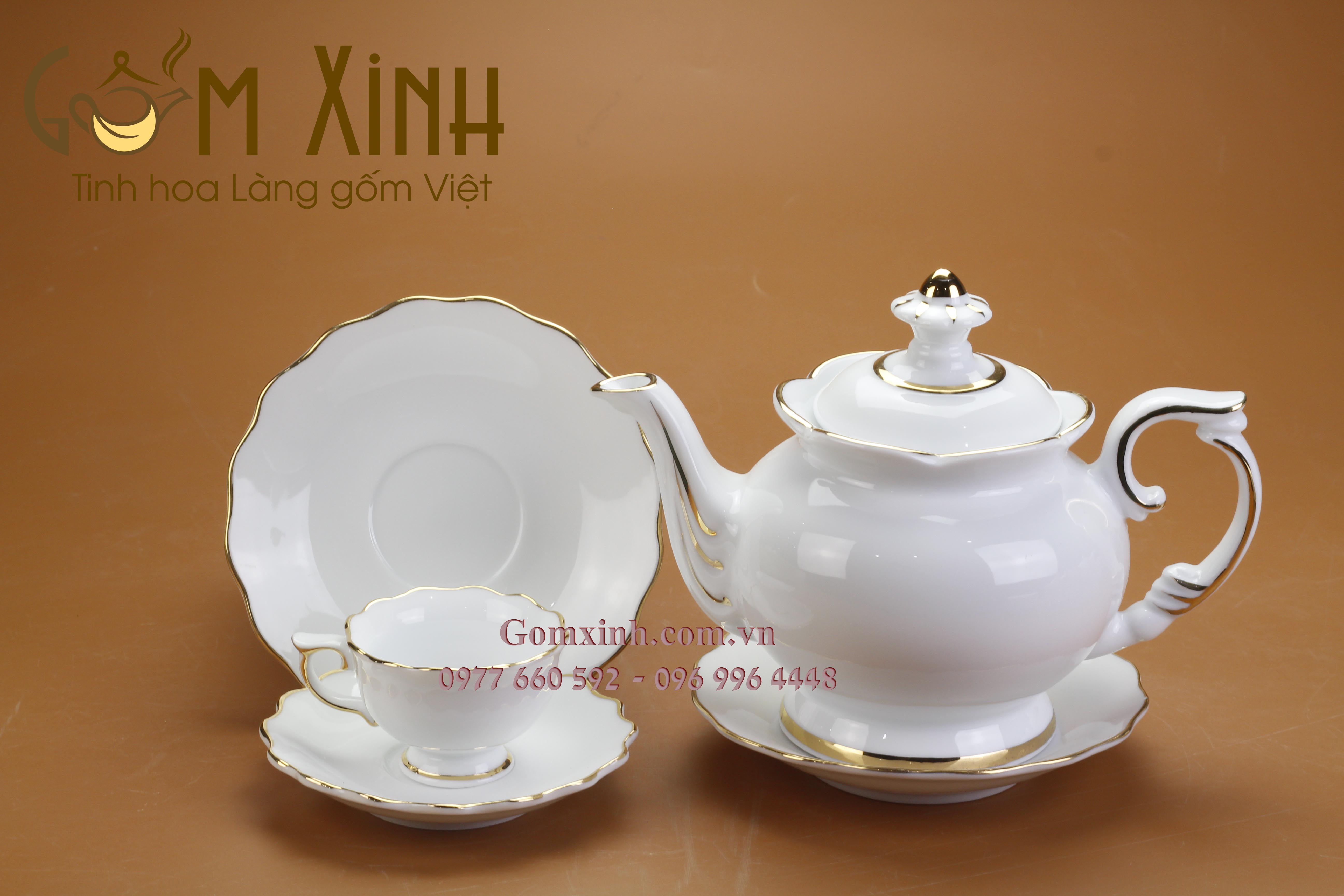 Bộ trà sứ Phú Quý vàng kim miệng lượn cỡ S2