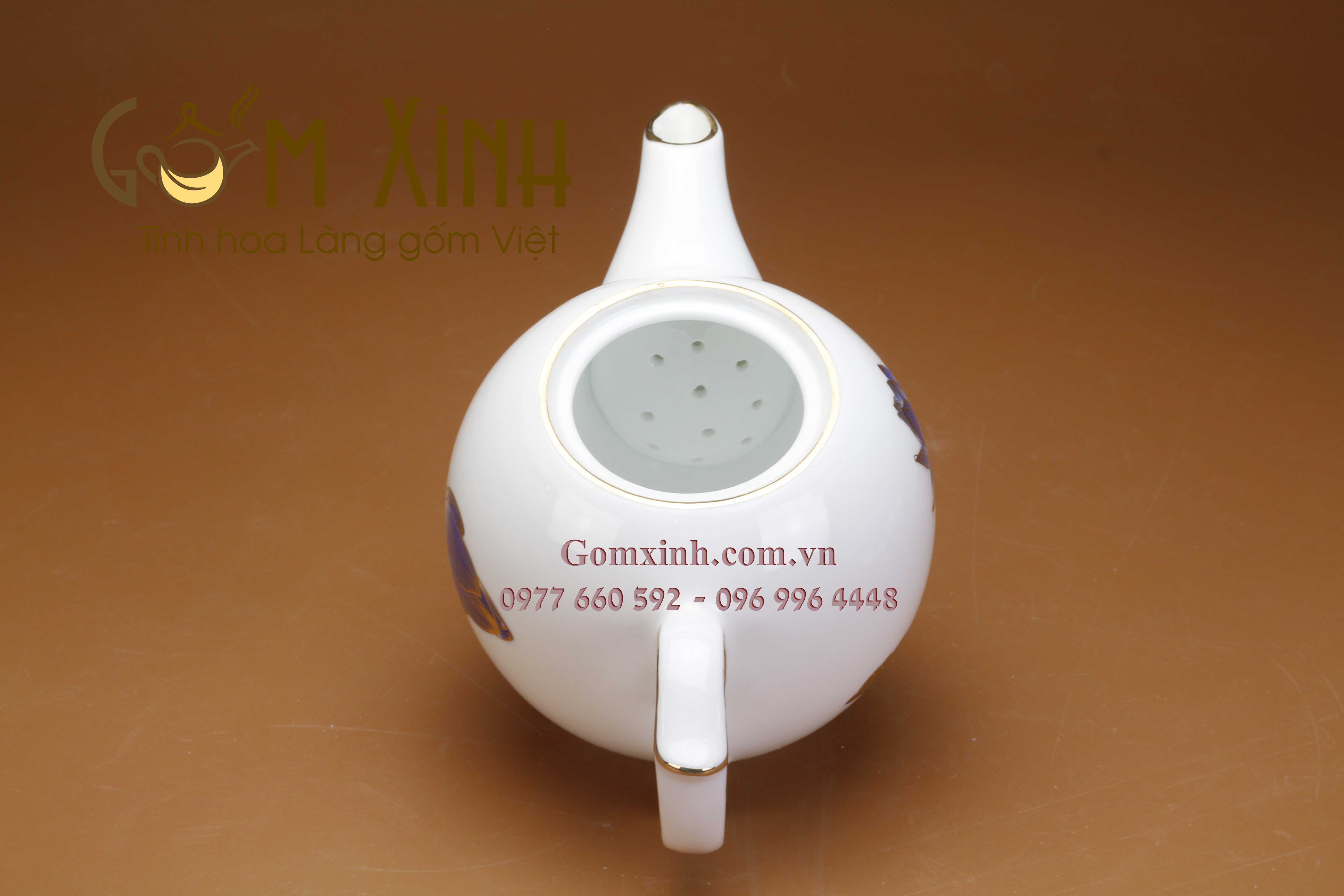 Bộ bình trà dáng Cúp sen xanh viền vàng kim