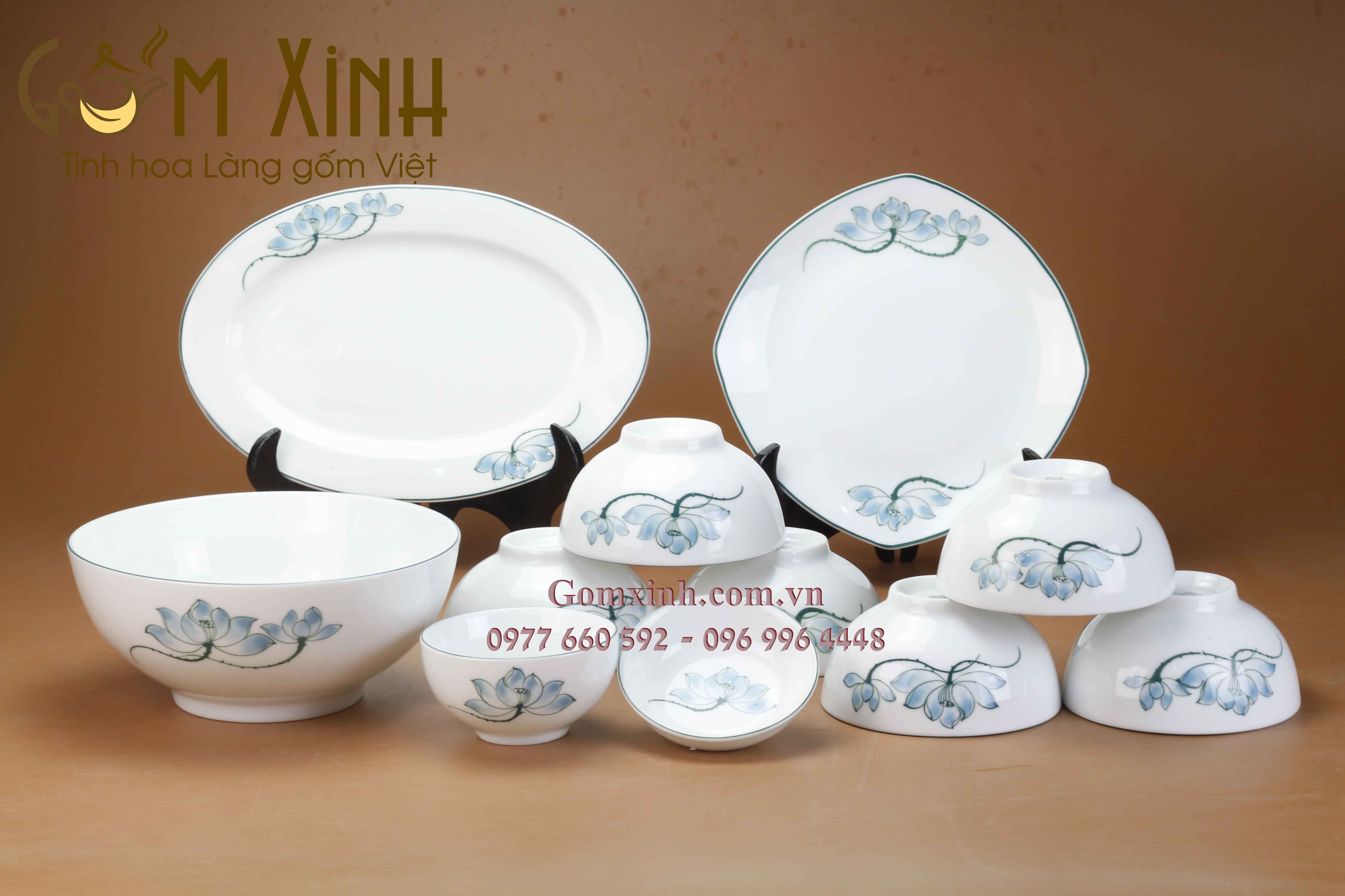 Bộ đồ ăn Bát Tràng hoa sen vẽ tay (set 8)