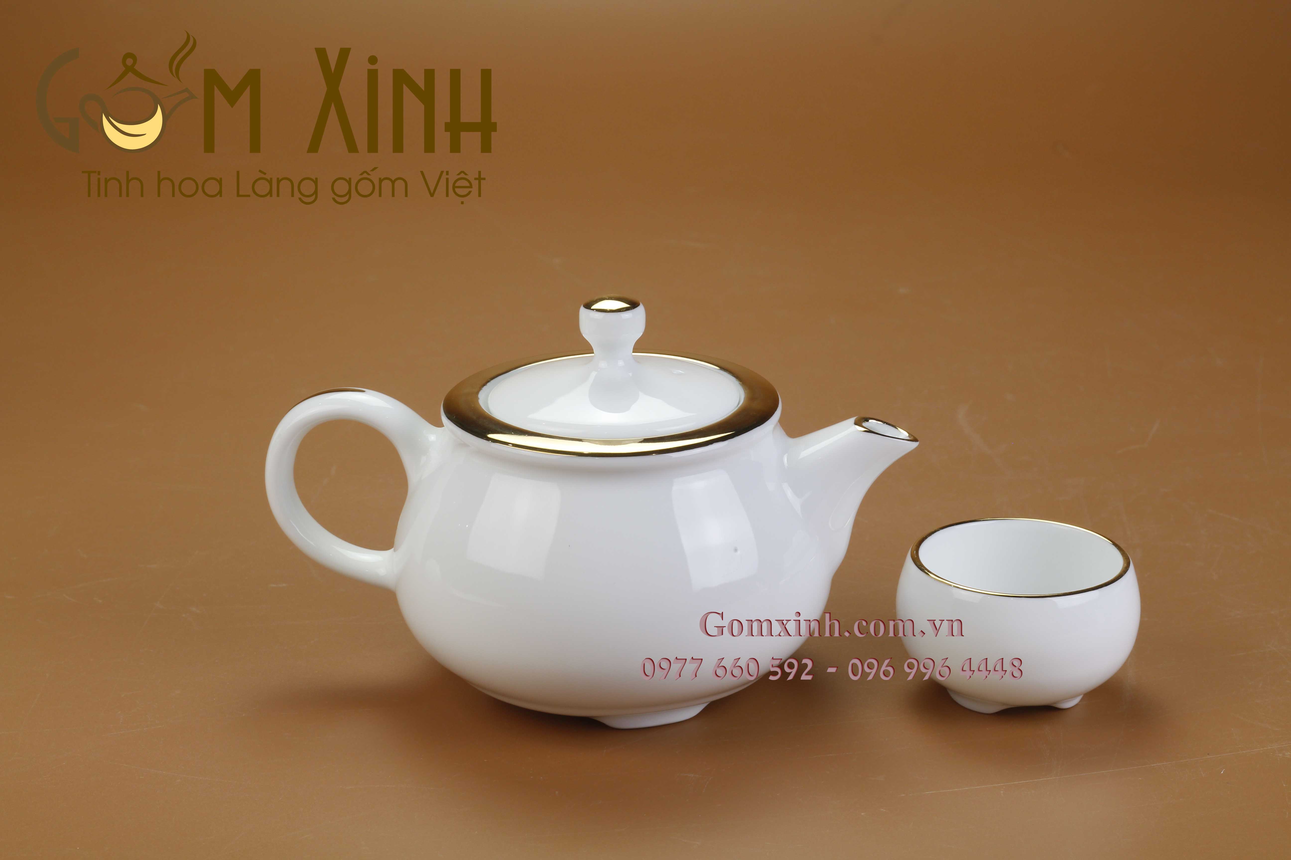 Bộ trà dáng Nhật kèm khay 2 lớp viền vàng kim