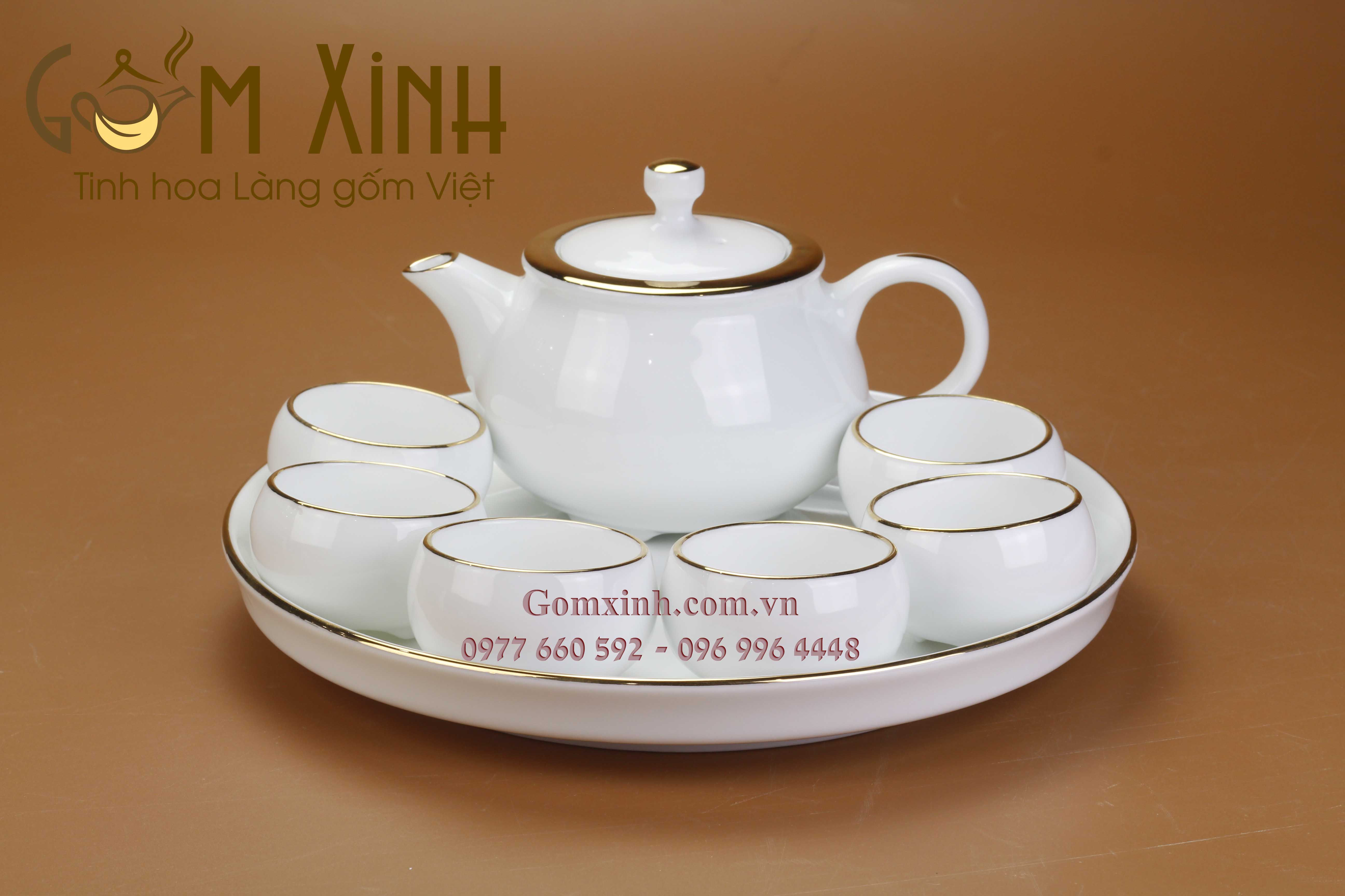 Bộ trà dáng Nhật kèm khay viền vàng kim