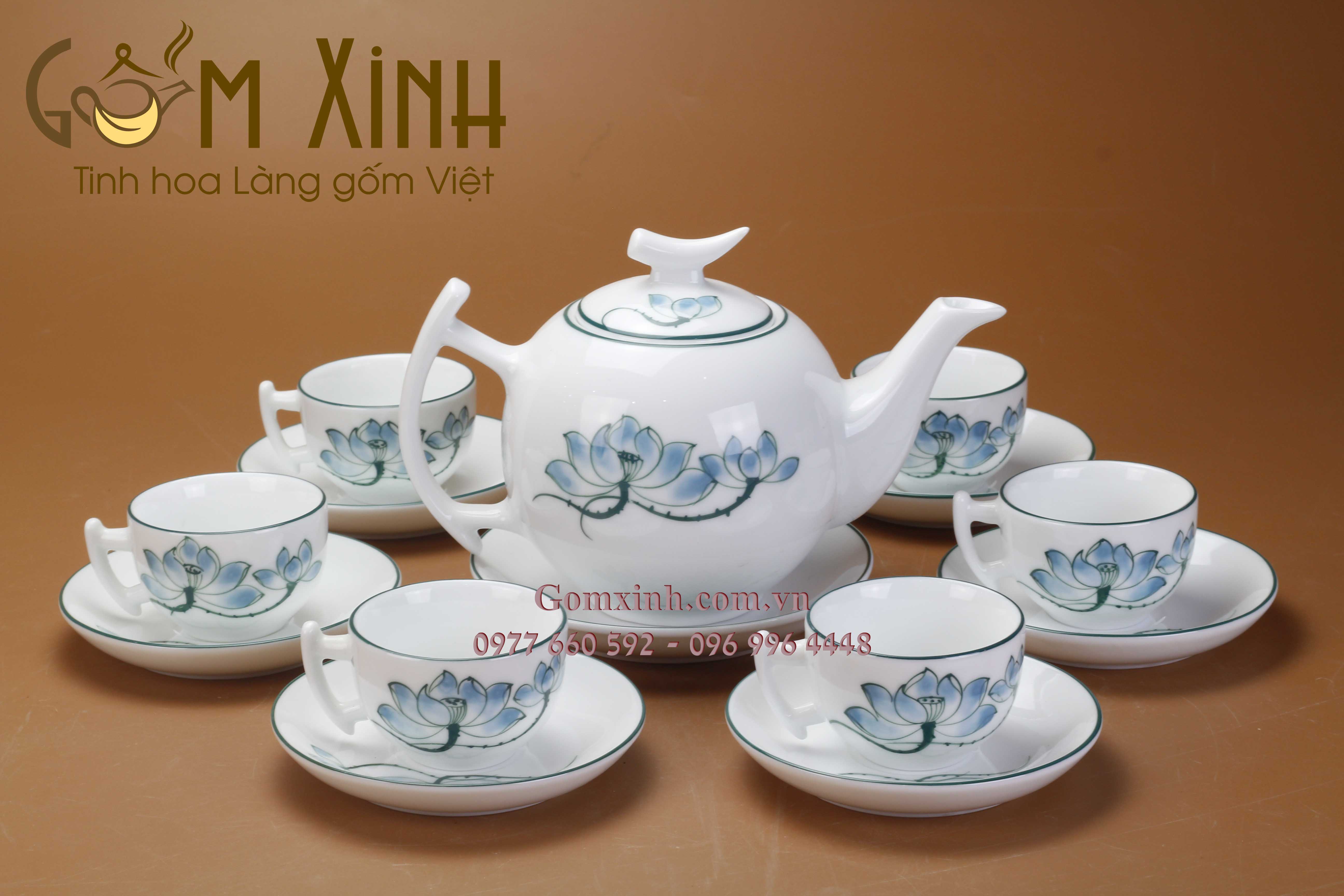 Bộ trà bưởi cành vẽ hoa sen