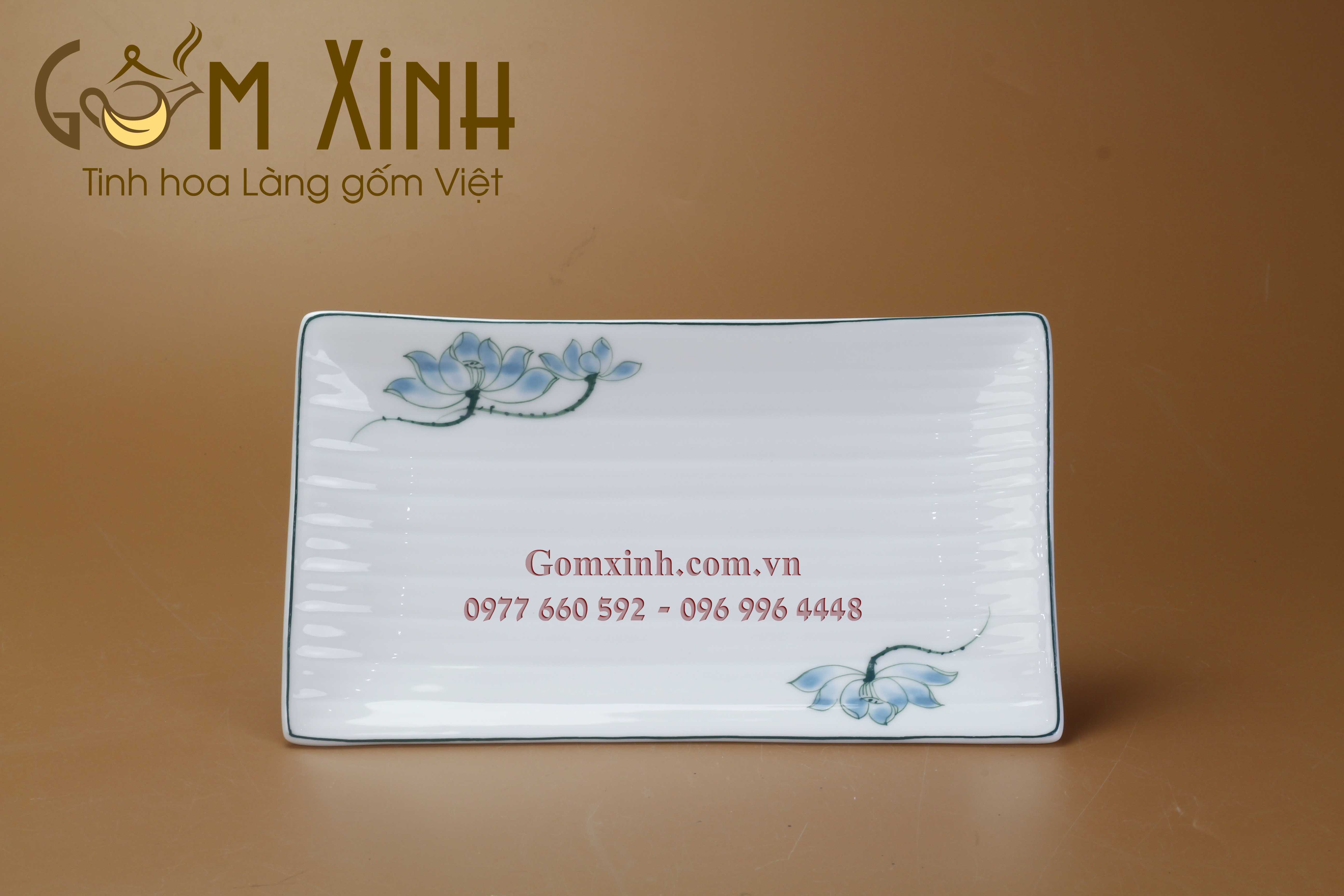 Khay chữ nhật S1 men trắng vẽ hoa sen (30cm x 18cm)