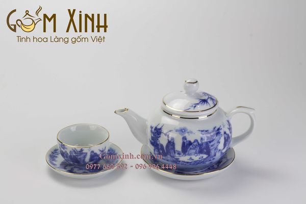Bộ trà men Lam Cổ dáng Hồng vàng kim & phụ kiện