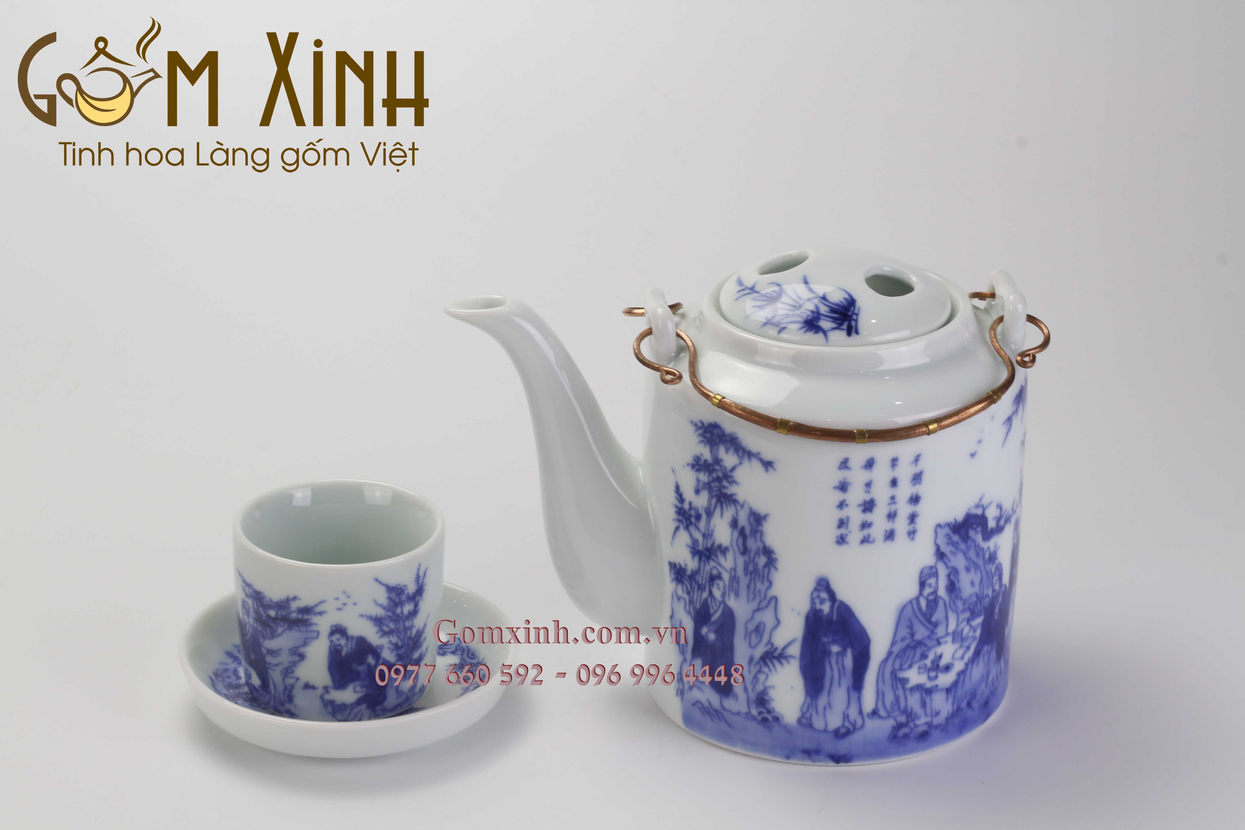 Bao ủ ấm kèm bộ ấm tích 0.75 lít Trúc lâm thất hiền men lam cổ & phụ kiện