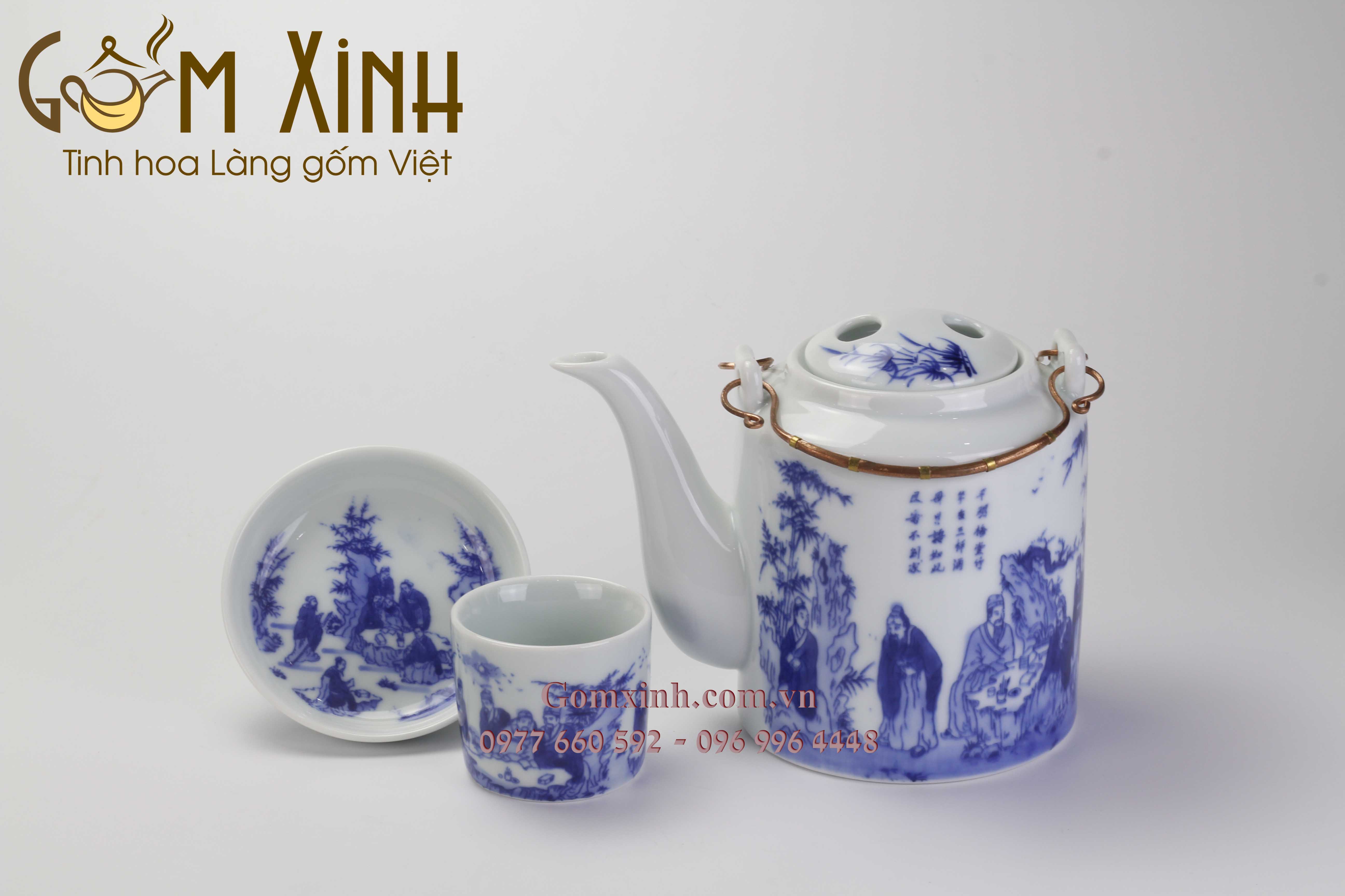 Bao ủ ấm kèm bộ ấm tích 0.75 lít Trúc lâm thất hiền (dòng men lam cổ cao cấp)