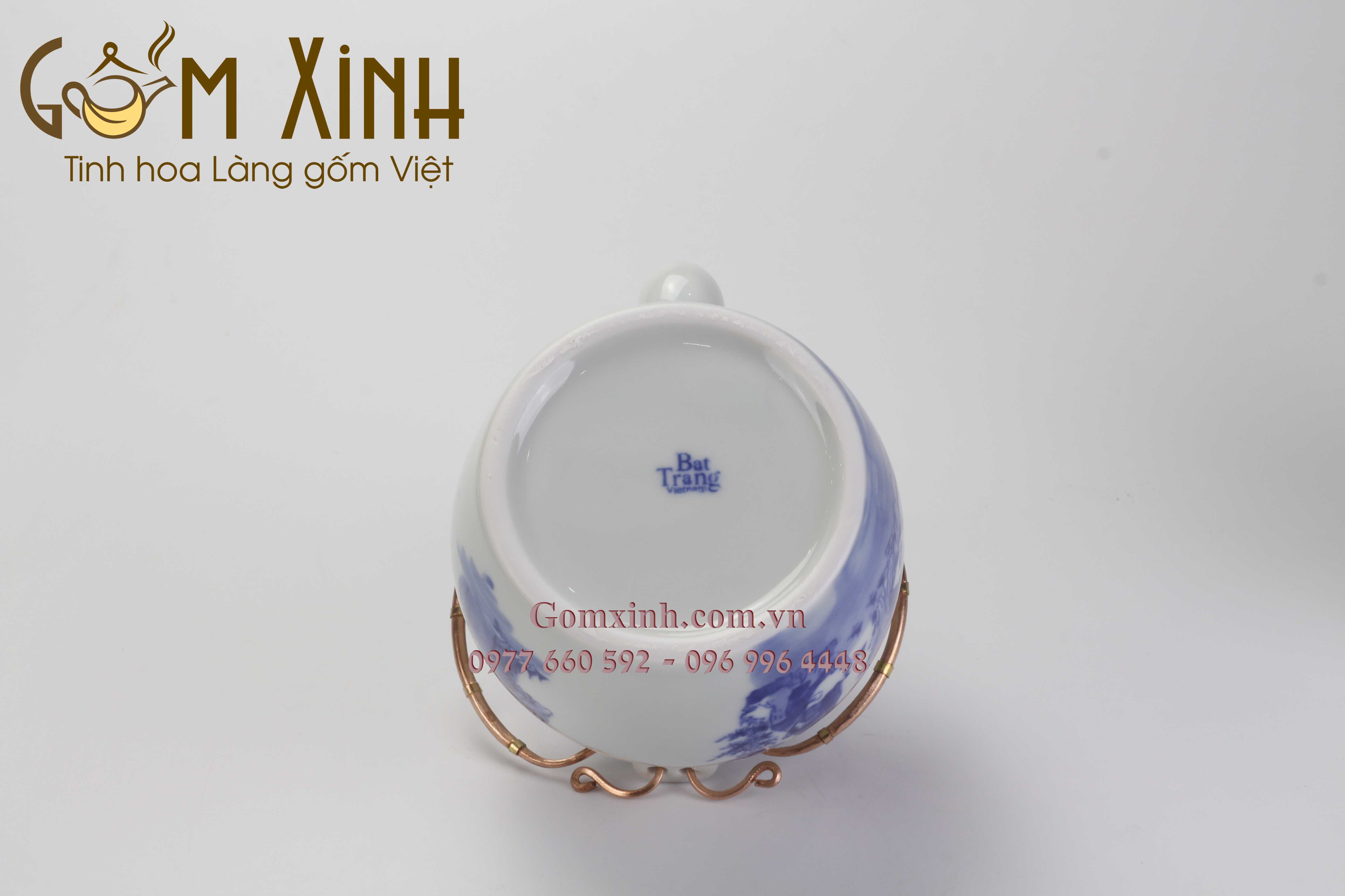 Bộ Vung lõm Trúc lâm thất hiền men lam cổ kèm phụ kiện