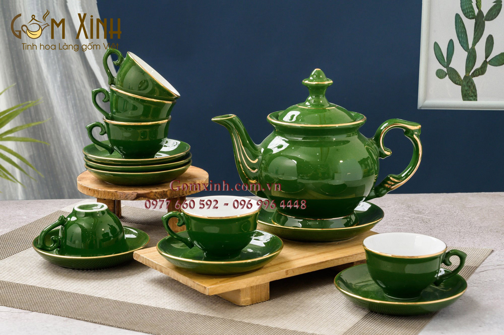 Bộ trà Phú Quý men Ngọc Lục Bảo viền vàng kim
